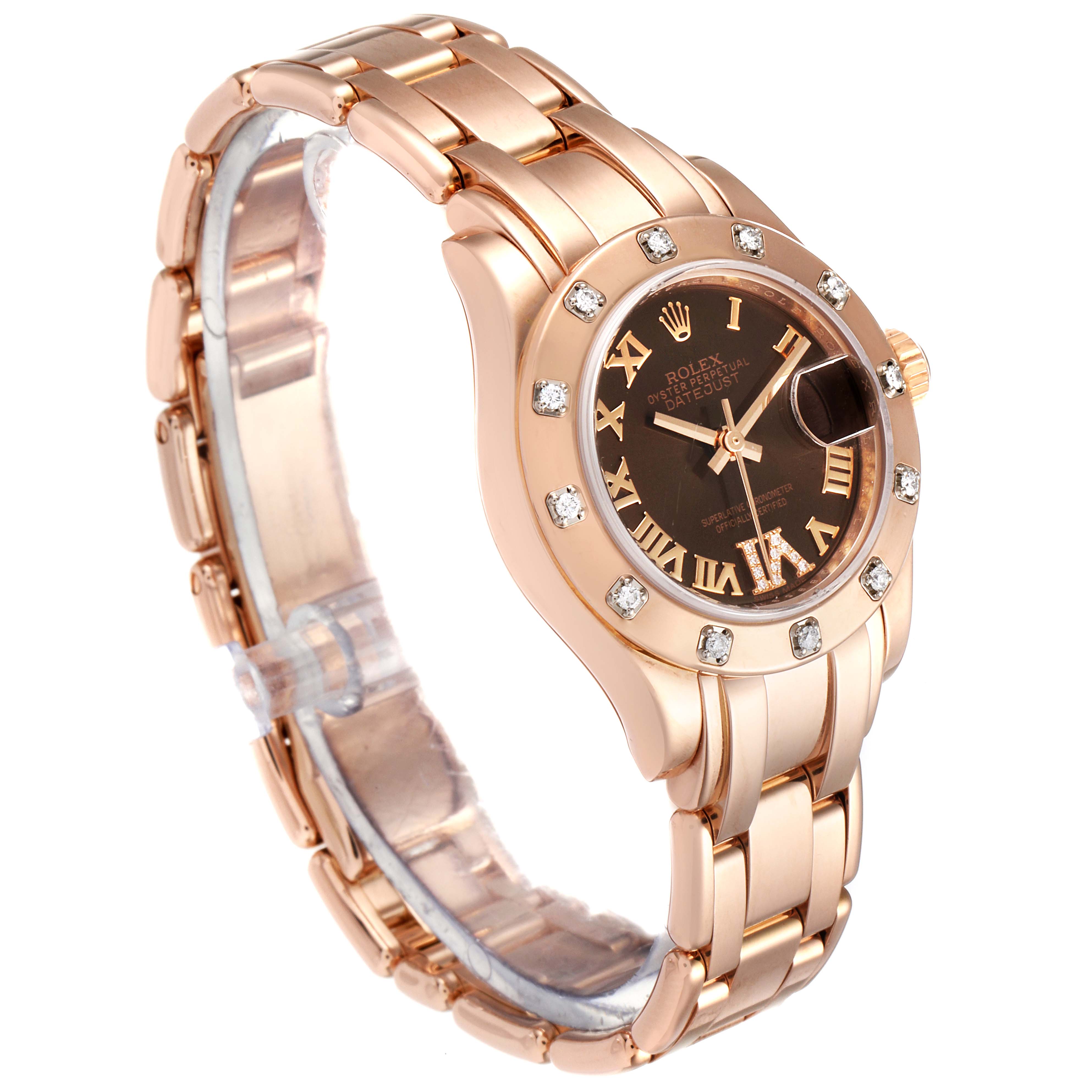 This image shows a Rolex Pearlmaster 80315 Women's Rose Gold Brown Dial 80315 Women's Rose Gold Brown Dial watch at a three-quarter angle, highlighting the bracelet, case, and face.
