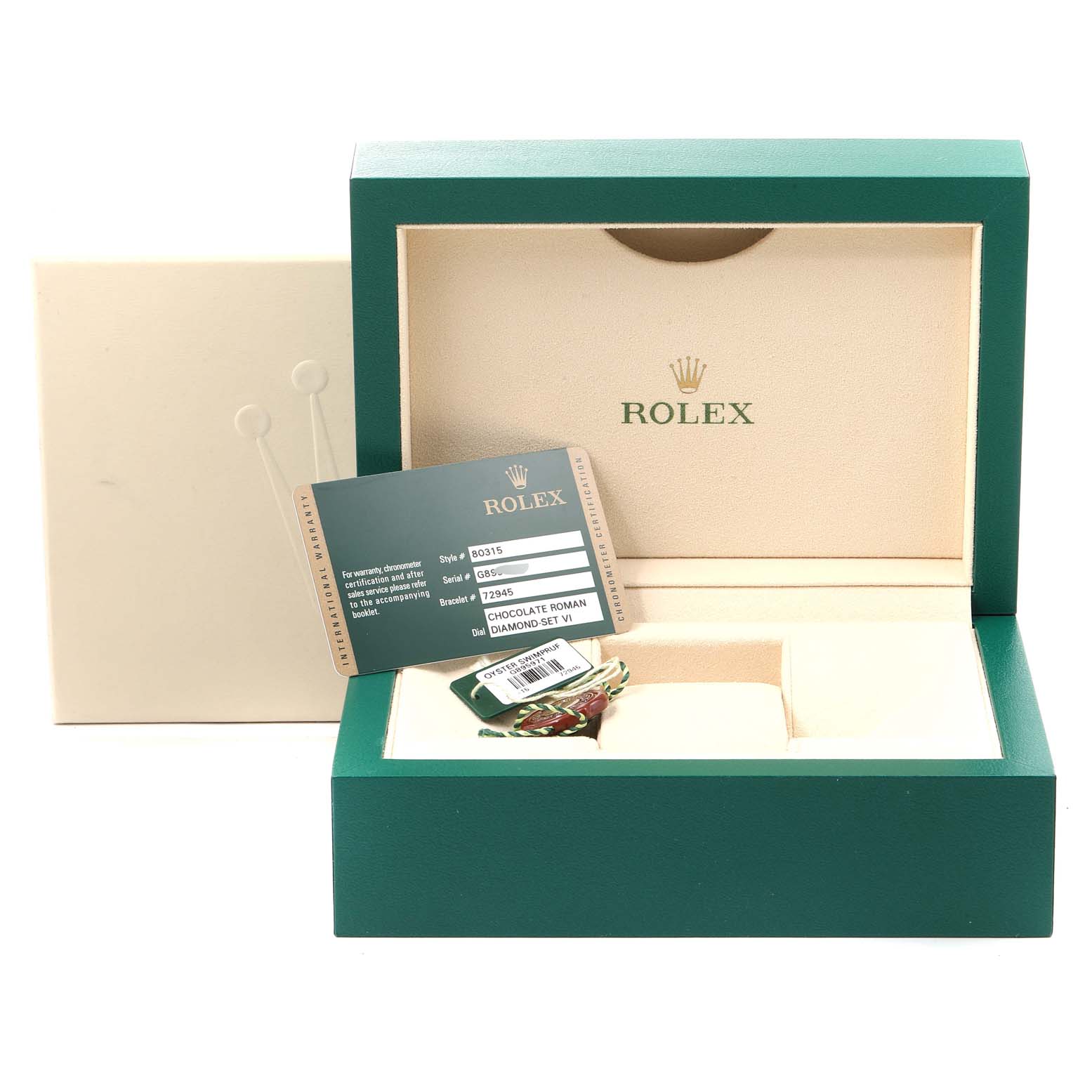 The image shows a Rolex Pearlmaster 80315 Women's Rose Gold Brown Dial 80315 Women's Rose Gold Brown Dial watch box, a warranty card, and tags, with the box open to reveal its interior.