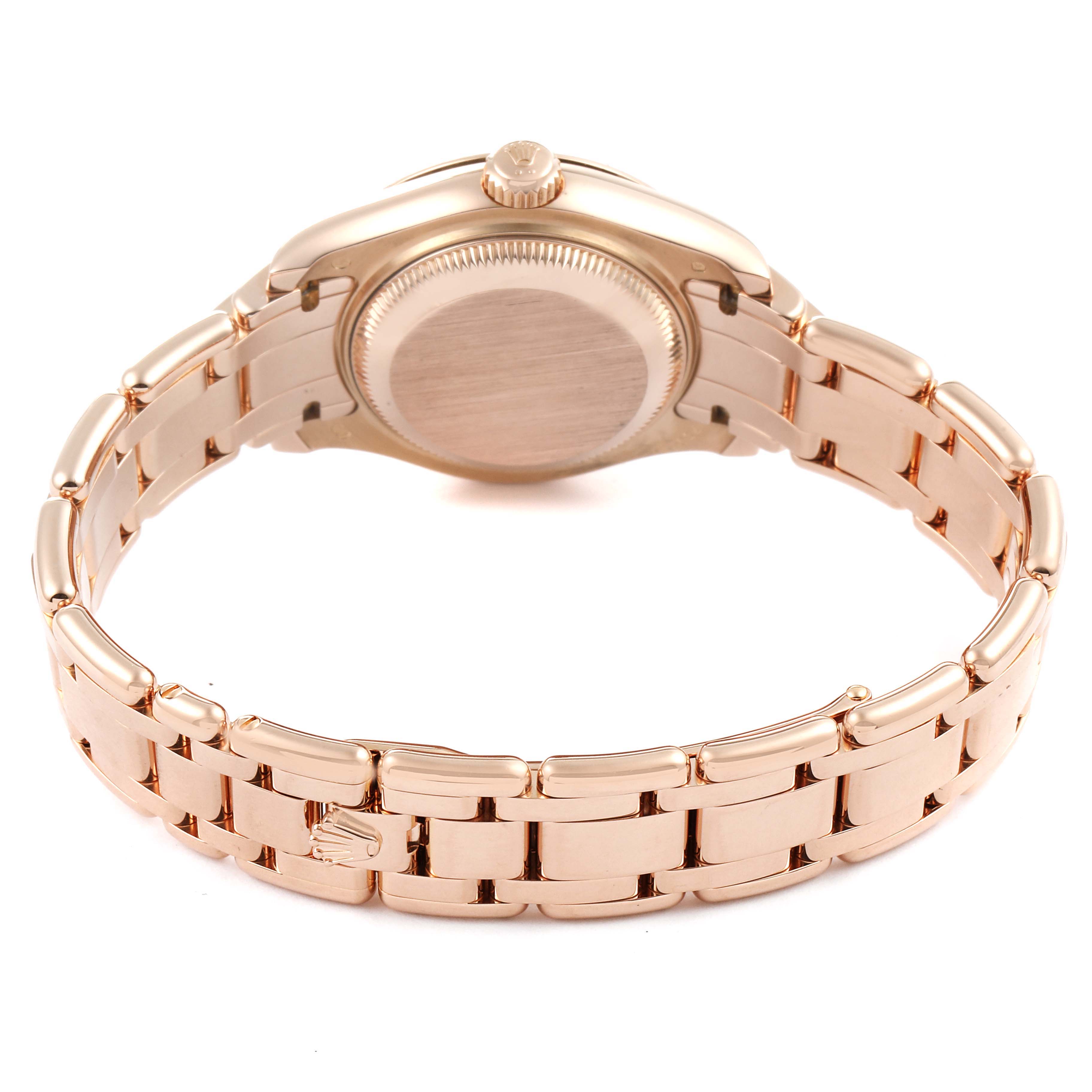The image shows the back and bracelet of the Rolex Pearlmaster 80315 Women's Rose Gold Brown Dial 80315 Women's Rose Gold Brown Dial watch, highlighting its gold-tone finish.