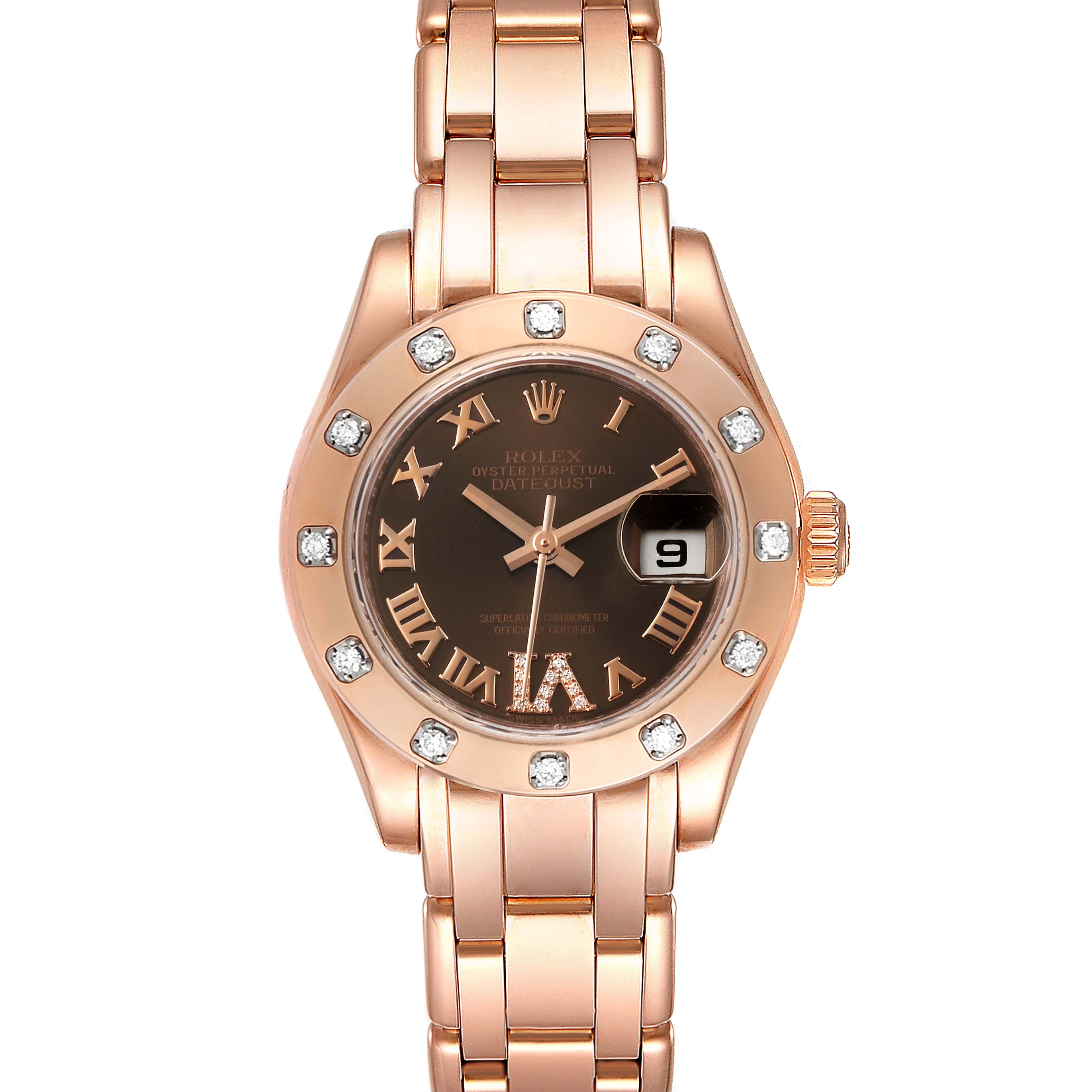 The Rolex Pearlmaster 80315 Women's Rose Gold Brown Dial 80315 Women's Rose Gold Brown Dial watch is shown from a front angle, displaying its face, bezel, crown, and the bracelet.