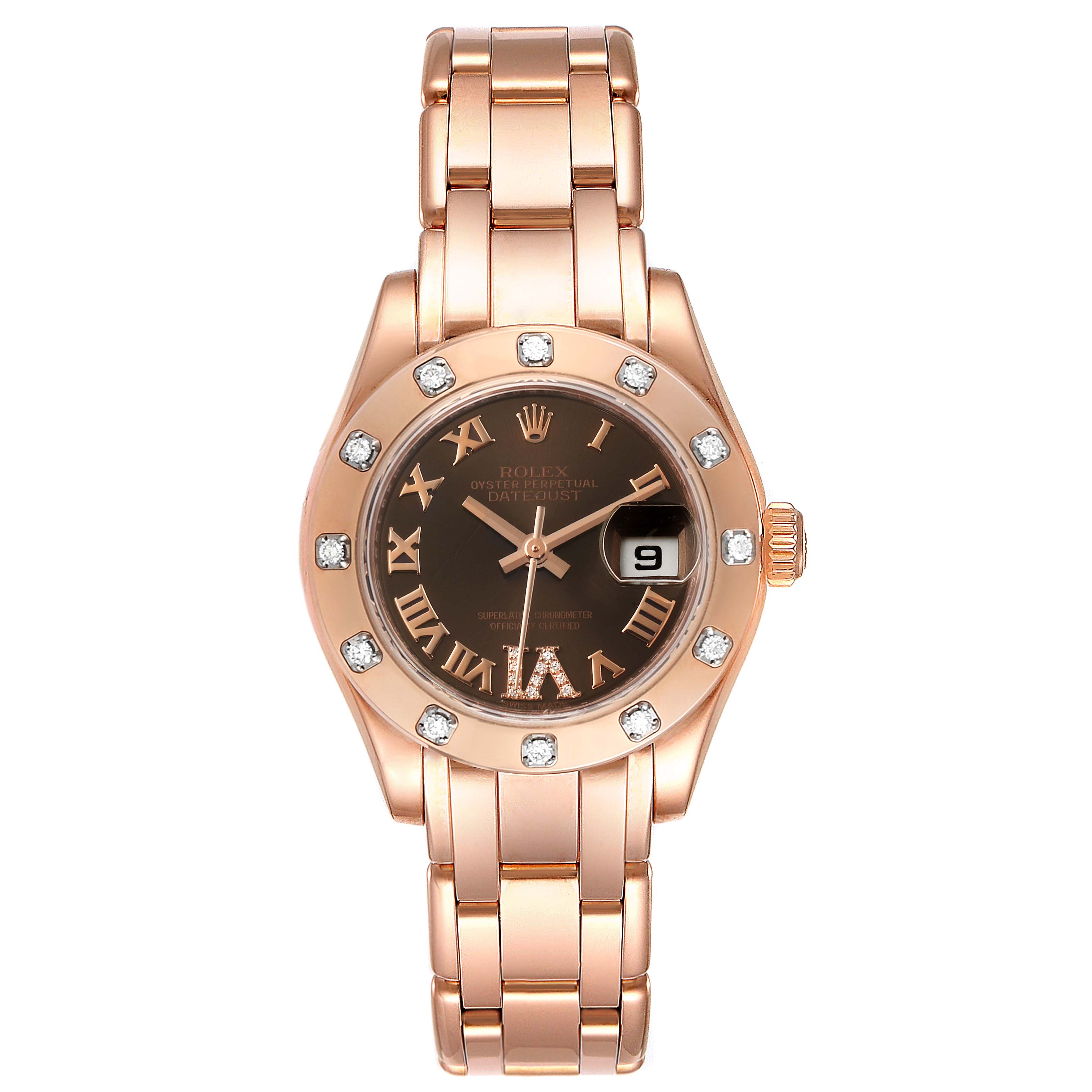 The image shows a Rolex Pearlmaster 80315 Women's Rose Gold Brown Dial 80315 Women's Rose Gold Brown Dial watch from a front view, highlighting its face, bezel, band, and date display.