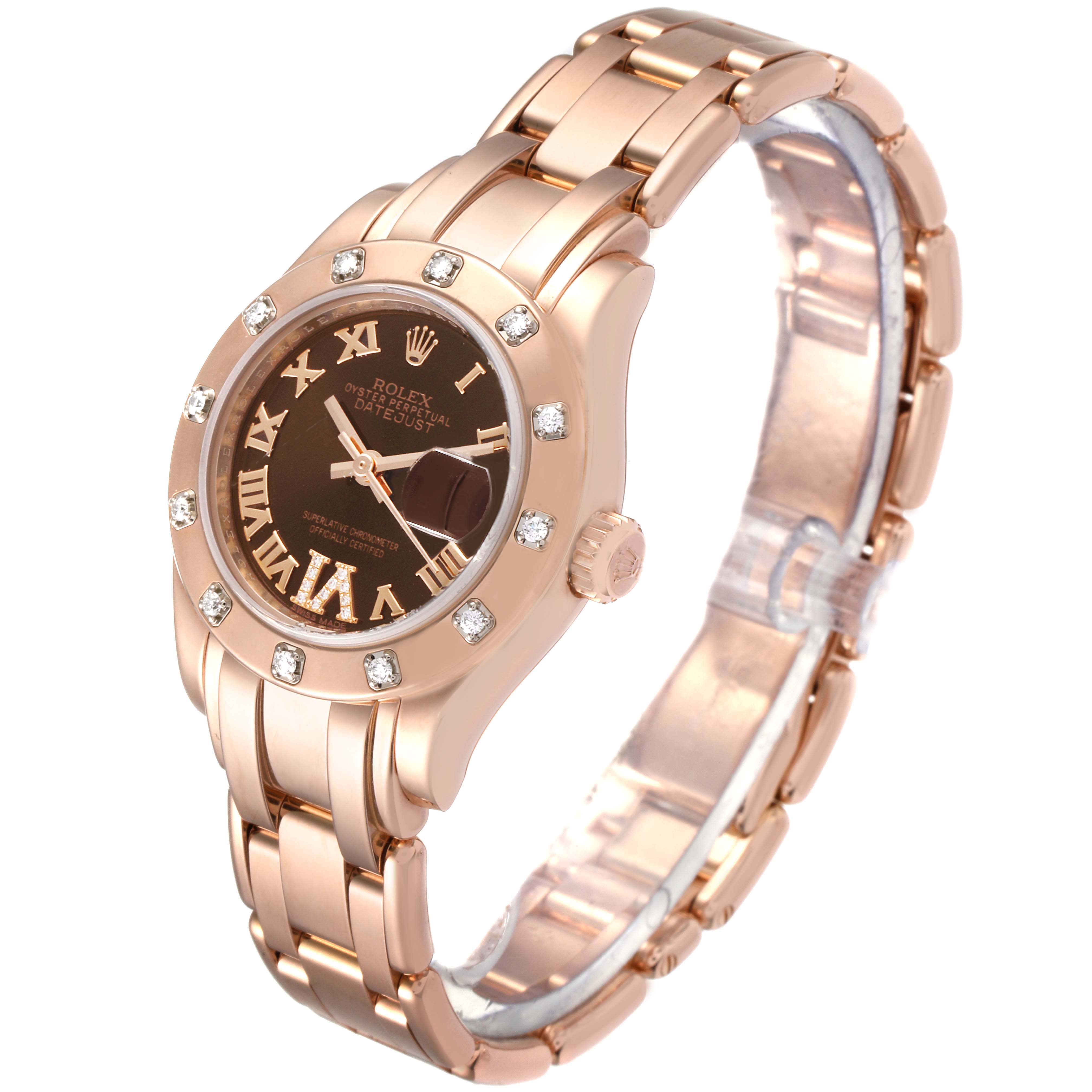 The Rolex Pearlmaster 80315 Women's Rose Gold Brown Dial 80315 Women's Rose Gold Brown Dial watch is shown from a front angle, highlighting its face, bezel, bracelet, and crown.