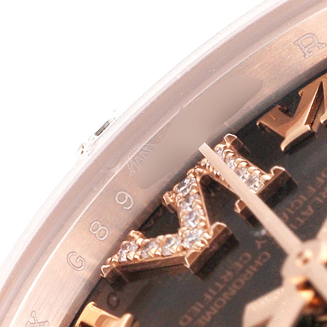 Close-up of the dial and bezel of the Rolex Pearlmaster 80315 Women's Rose Gold Brown Dial 80315 Women's Rose Gold Brown Dial watch showing the diamond-studded Roman numeral markers.