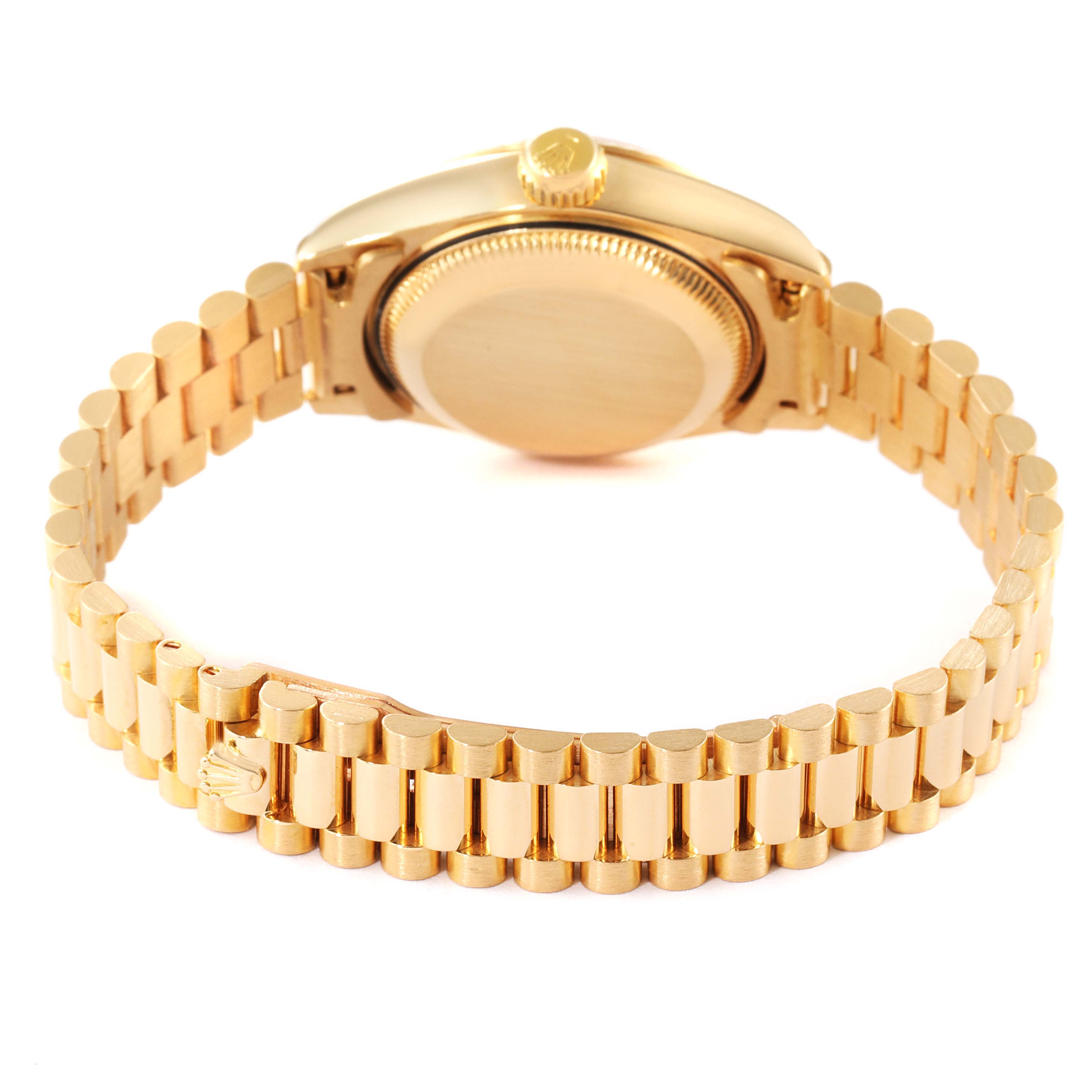 The image shows the back case and bracelet of a gold Rolex President 69178 Women
s Yellow Gold Champagne Dial 69178 Women
s Yellow Gold Champagne Dial model watch from a direct rear angle.