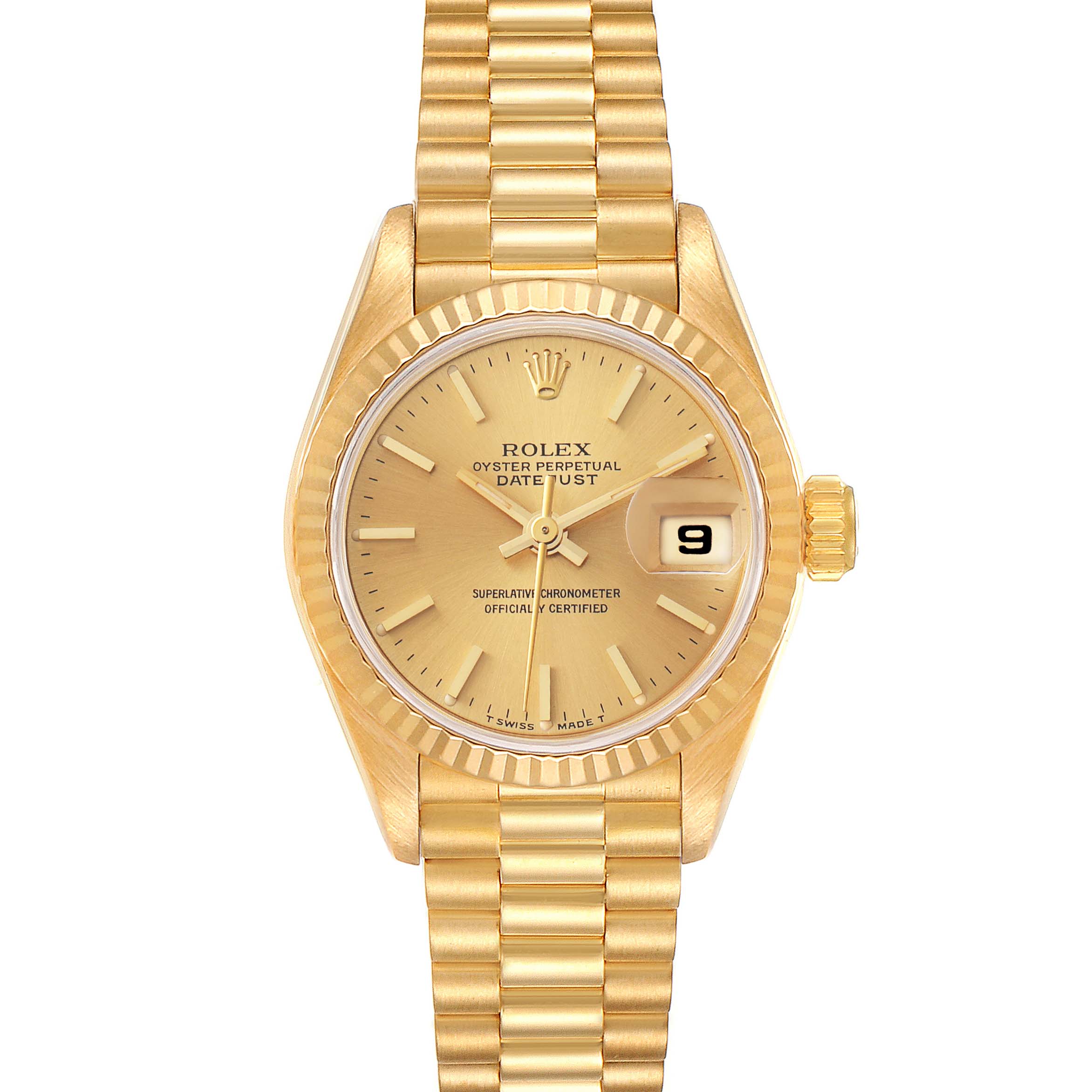 This image shows a front view of the Rolex President 69178 Women
s Yellow Gold Champagne Dial 69178 Women
s Yellow Gold Champagne Dial model watch, including the dial, bezel, crown, and bracelet.