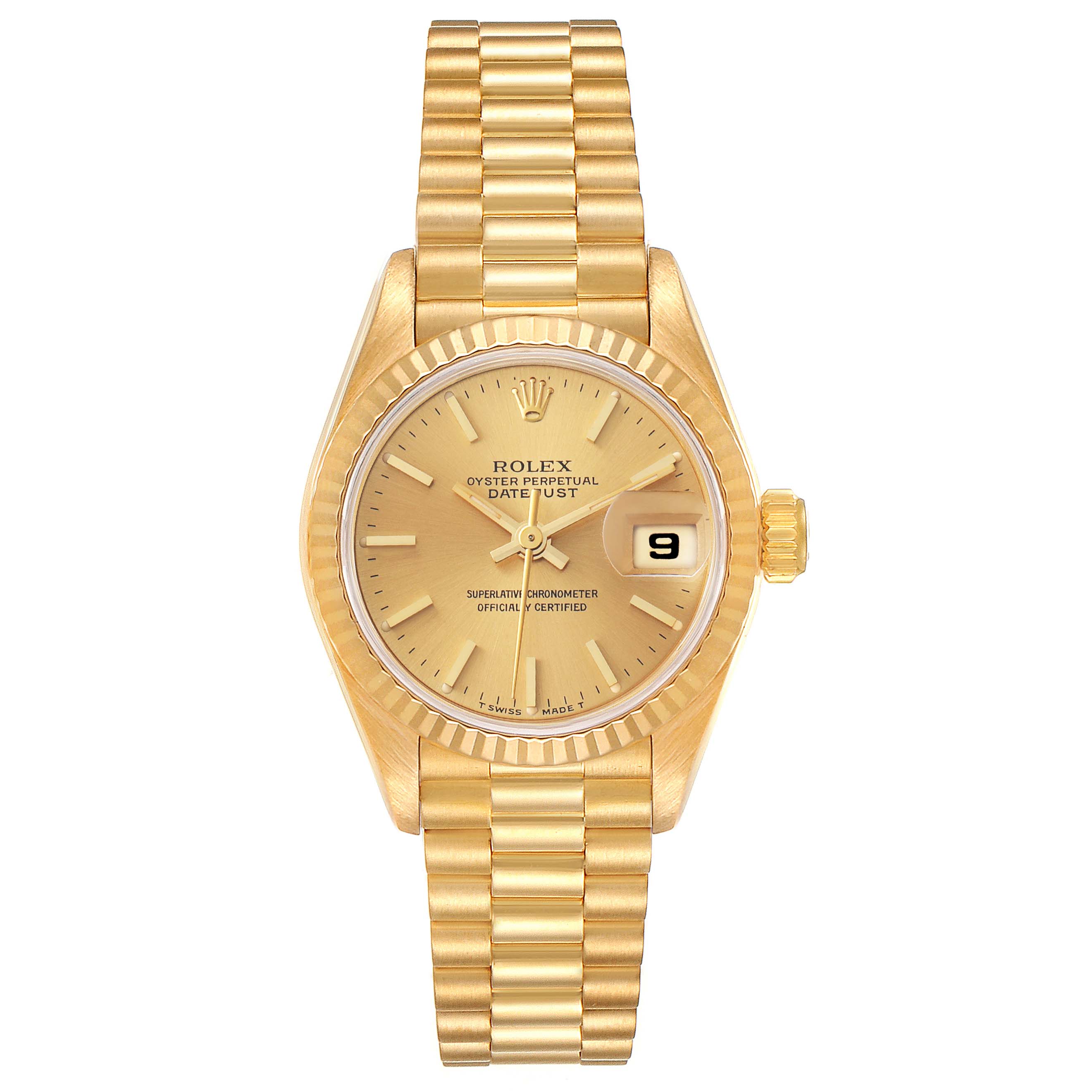 This image shows a front view of a Rolex President 69178 Women
s Yellow Gold Champagne Dial 69178 Women
s Yellow Gold Champagne Dial model watch, displaying its face, bezel, and bracelet.