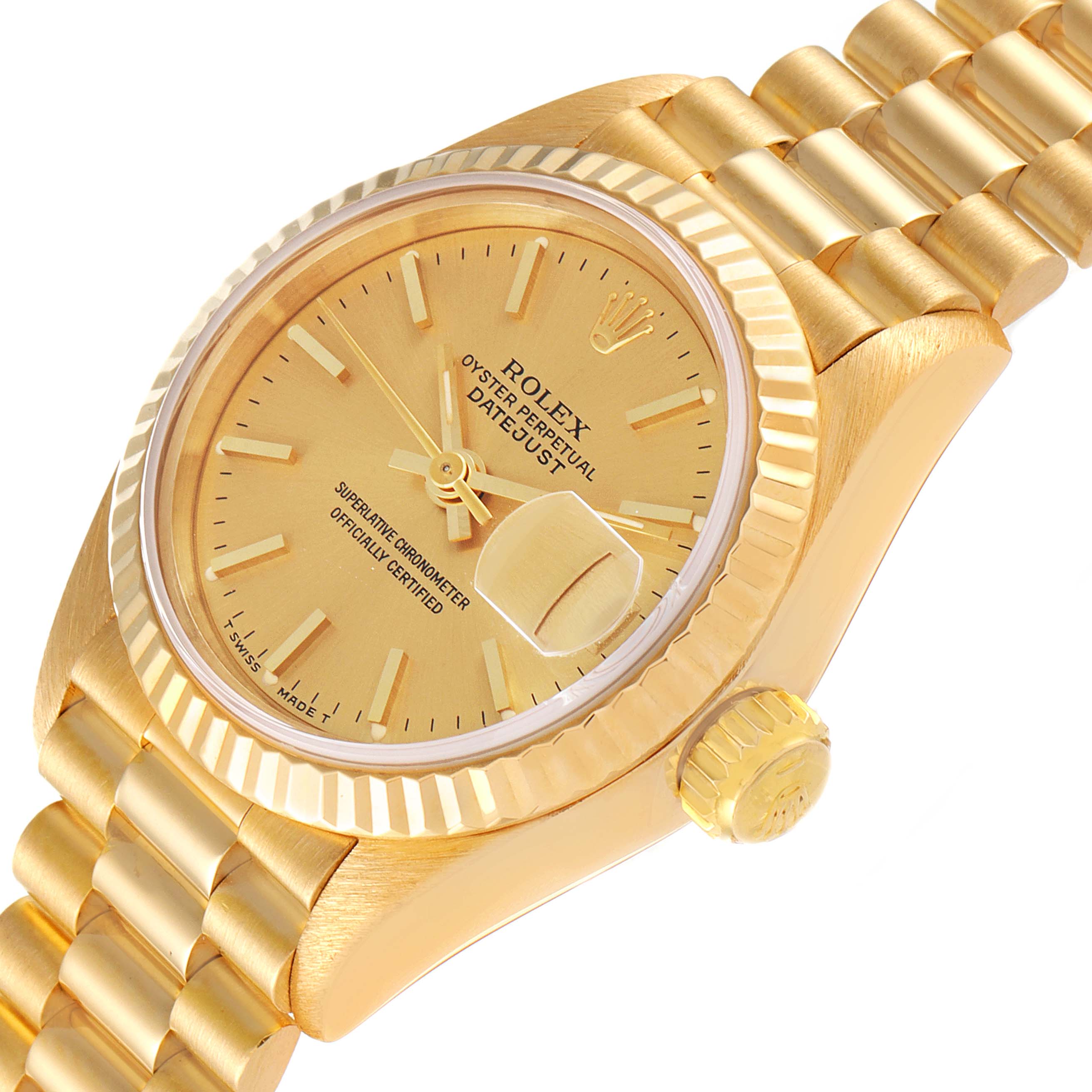 This is a close-up of a Rolex President 69178 Women
s Yellow Gold Champagne Dial 69178 Women
s Yellow Gold Champagne Dial model, showcasing the dial, fluted bezel, crown, and part of the bracelet.
