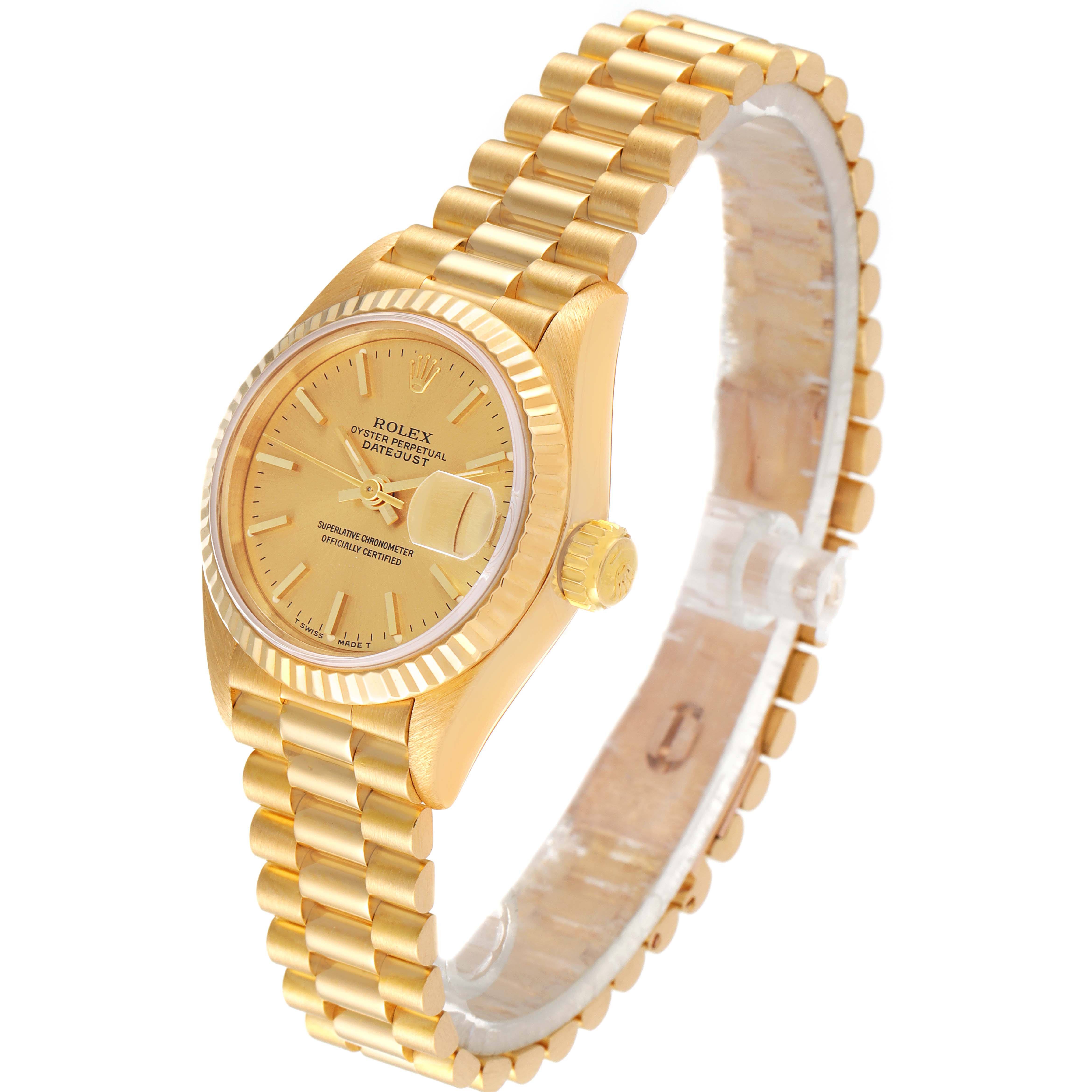 The Rolex President 69178 Women
s Yellow Gold Champagne Dial 69178 Women
s Yellow Gold Champagne Dial model is displayed at a three-quarter angle, showing the watch face, crown, and bracelet.