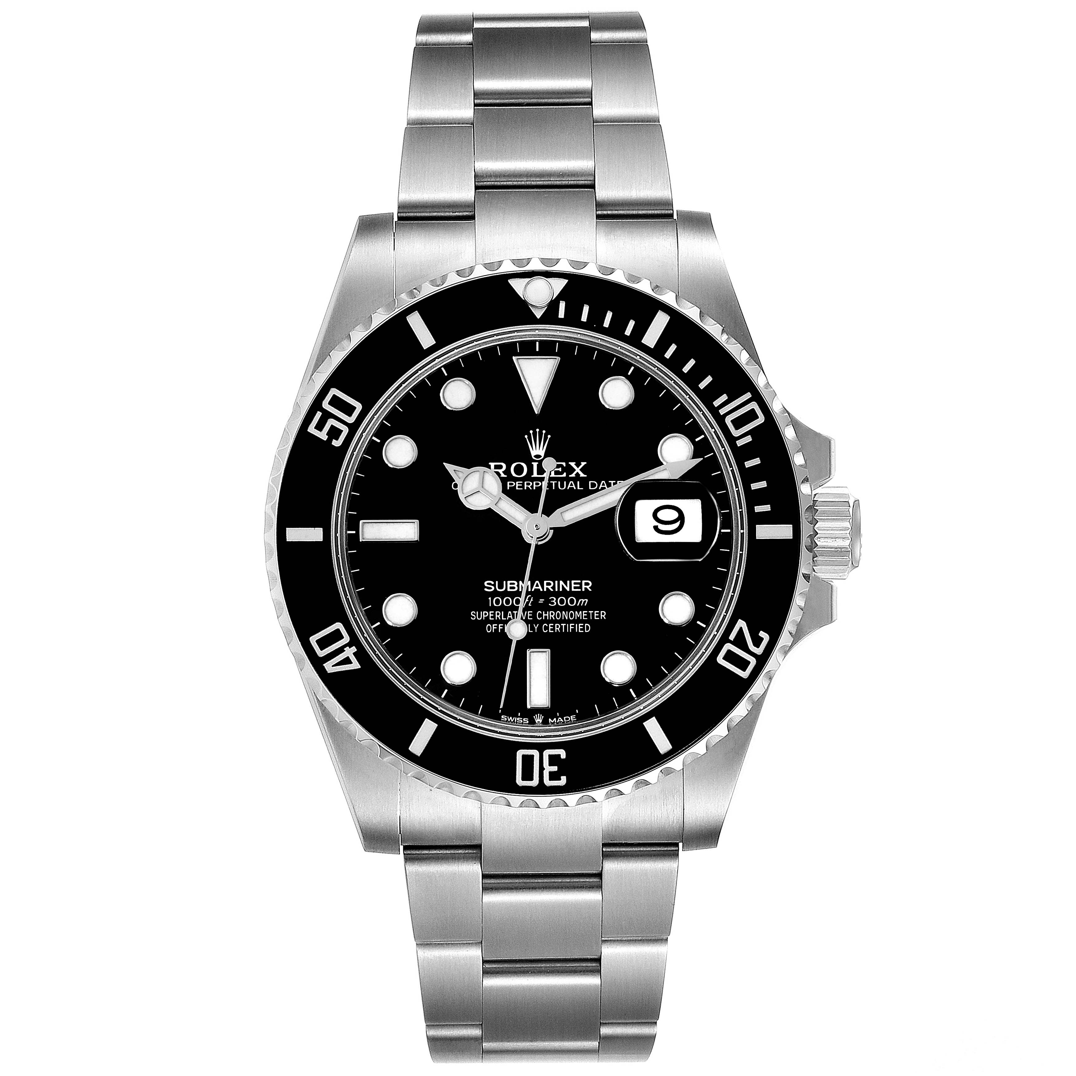 This image shows a front view of the Rolex Submariner 126610 Men
s Stainless Steel Black Dial 126610 Men
s Stainless Steel Black Dial watch, displaying its dial, bezel, and bracelet.