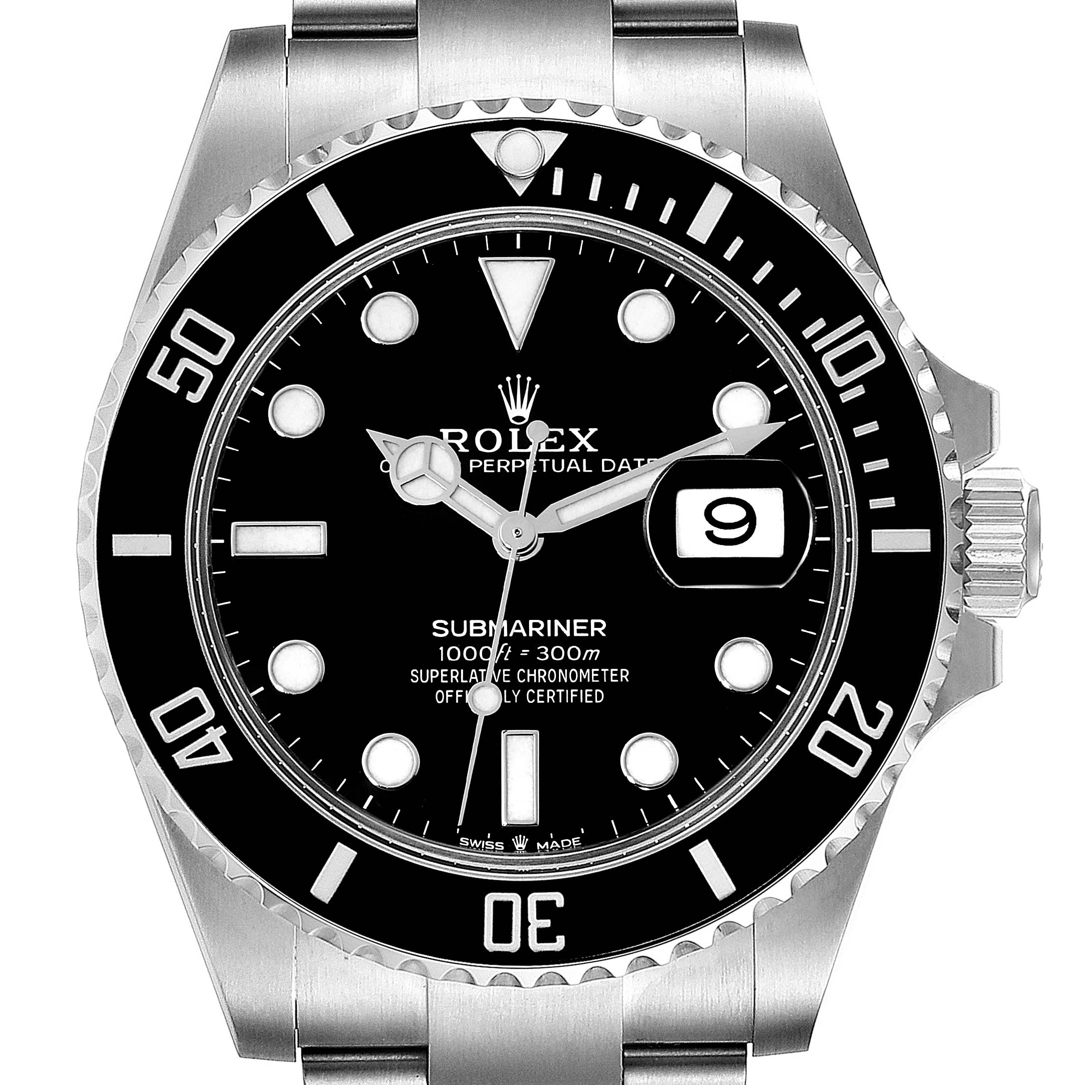 This image shows a frontal view of the Rolex Submariner 126610 Men
s Stainless Steel Black Dial 126610 Men
s Stainless Steel Black Dial watch, highlighting its black dial, bezel, and stainless steel bracelet.