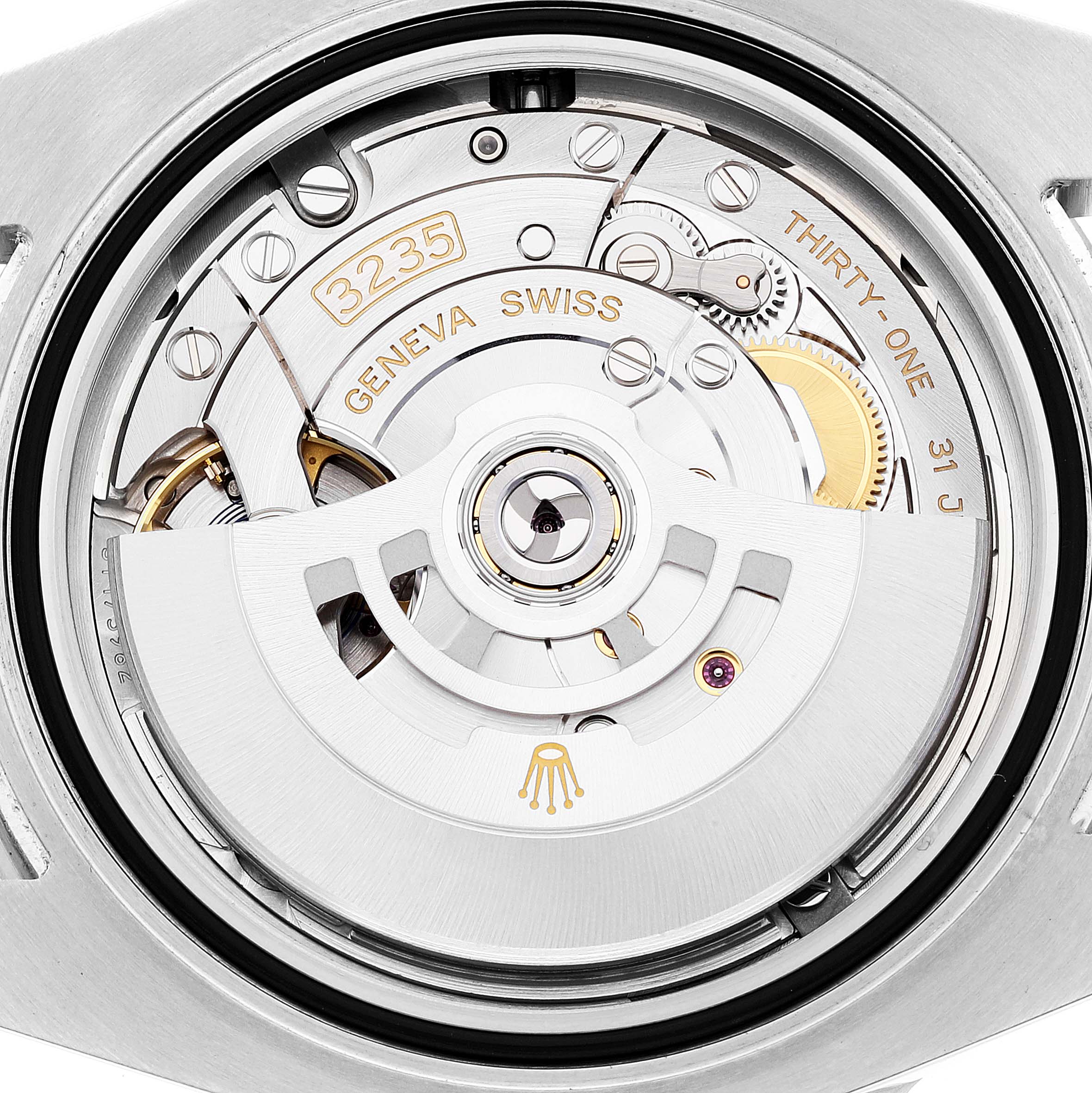 This image shows the case back of a Rolex Submariner 126610 Men
s Stainless Steel Black Dial 126610 Men
s Stainless Steel Black Dial, revealing the intricate 3235 movement inside.