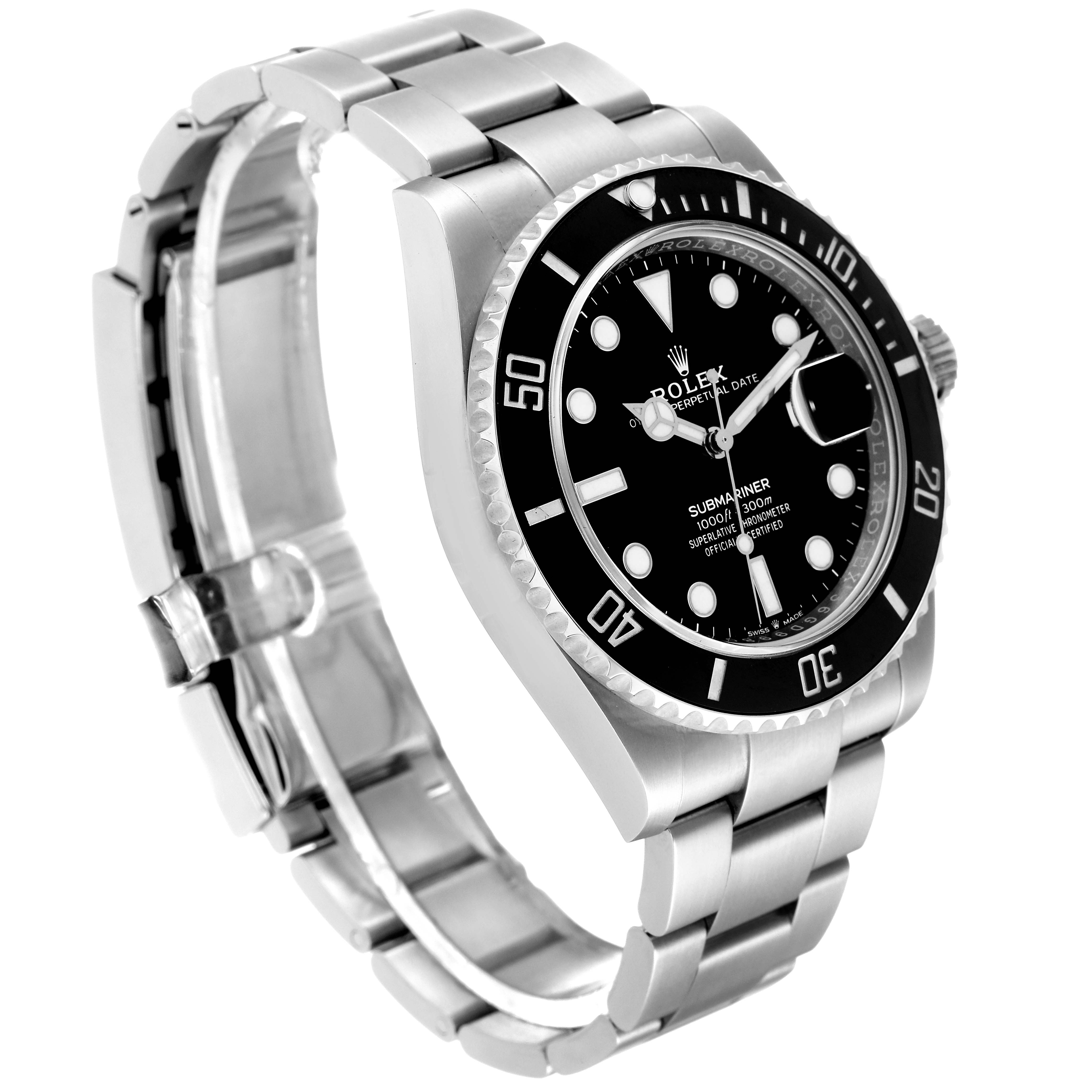 The image shows a Rolex Submariner 126610 Men
s Stainless Steel Black Dial 126610 Men
s Stainless Steel Black Dial watch at a three-quarter angle highlighting the bezel, dial, bracelet, and clasp.