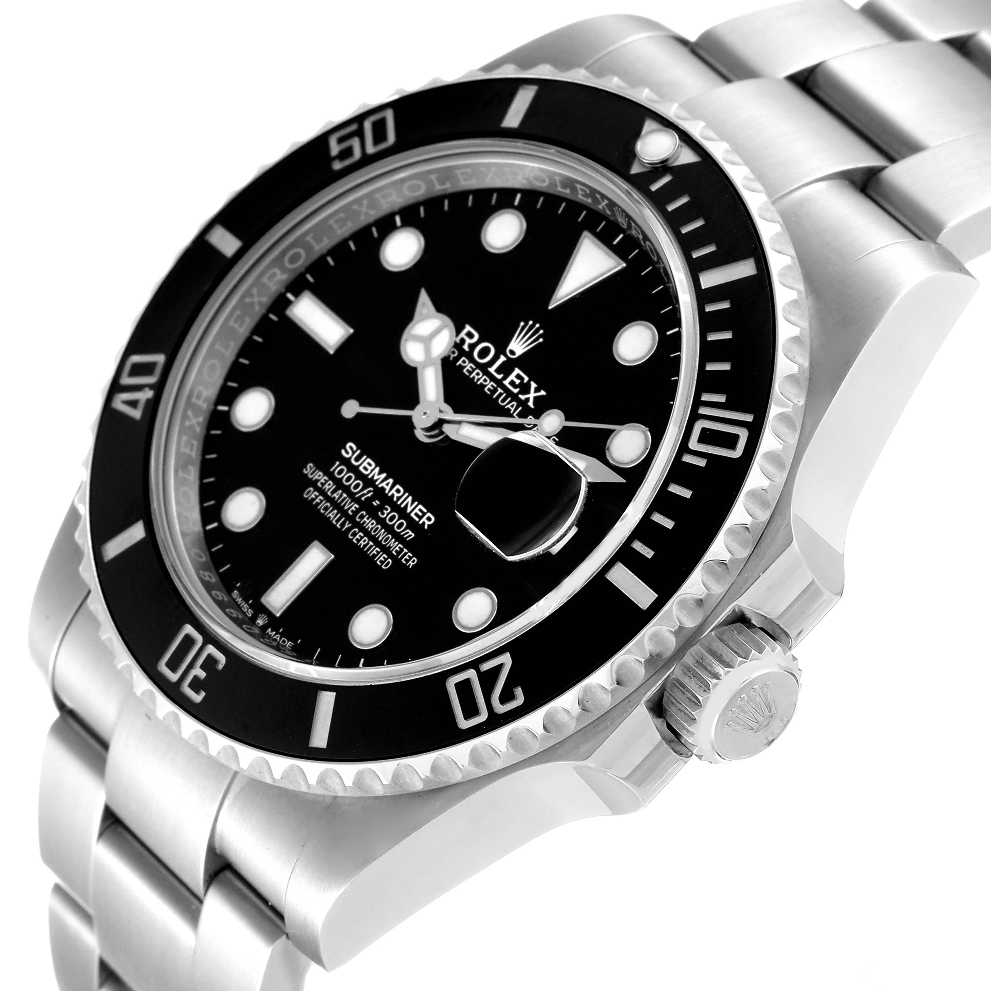 The image shows a close-up angled view of the Rolex Submariner 126610 Men
s Stainless Steel Black Dial 126610 Men
s Stainless Steel Black Dial
s face, bezel, crown, and part of its stainless steel bracelet.