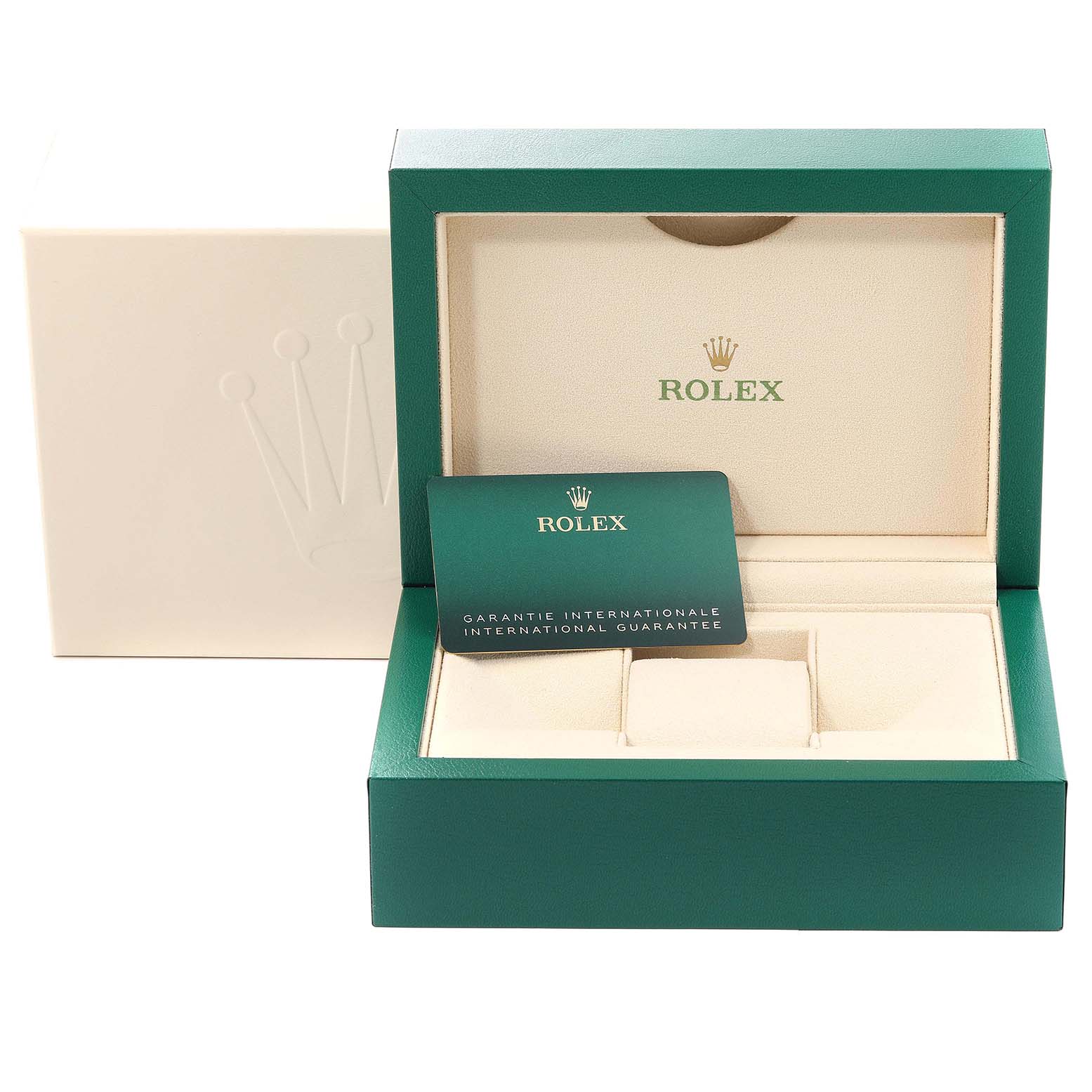 The image shows the Rolex Submariner 126610 Men
s Stainless Steel Black Dial 126610 Men
s Stainless Steel Black Dial
s open watch box and guarantee card from a front angle.