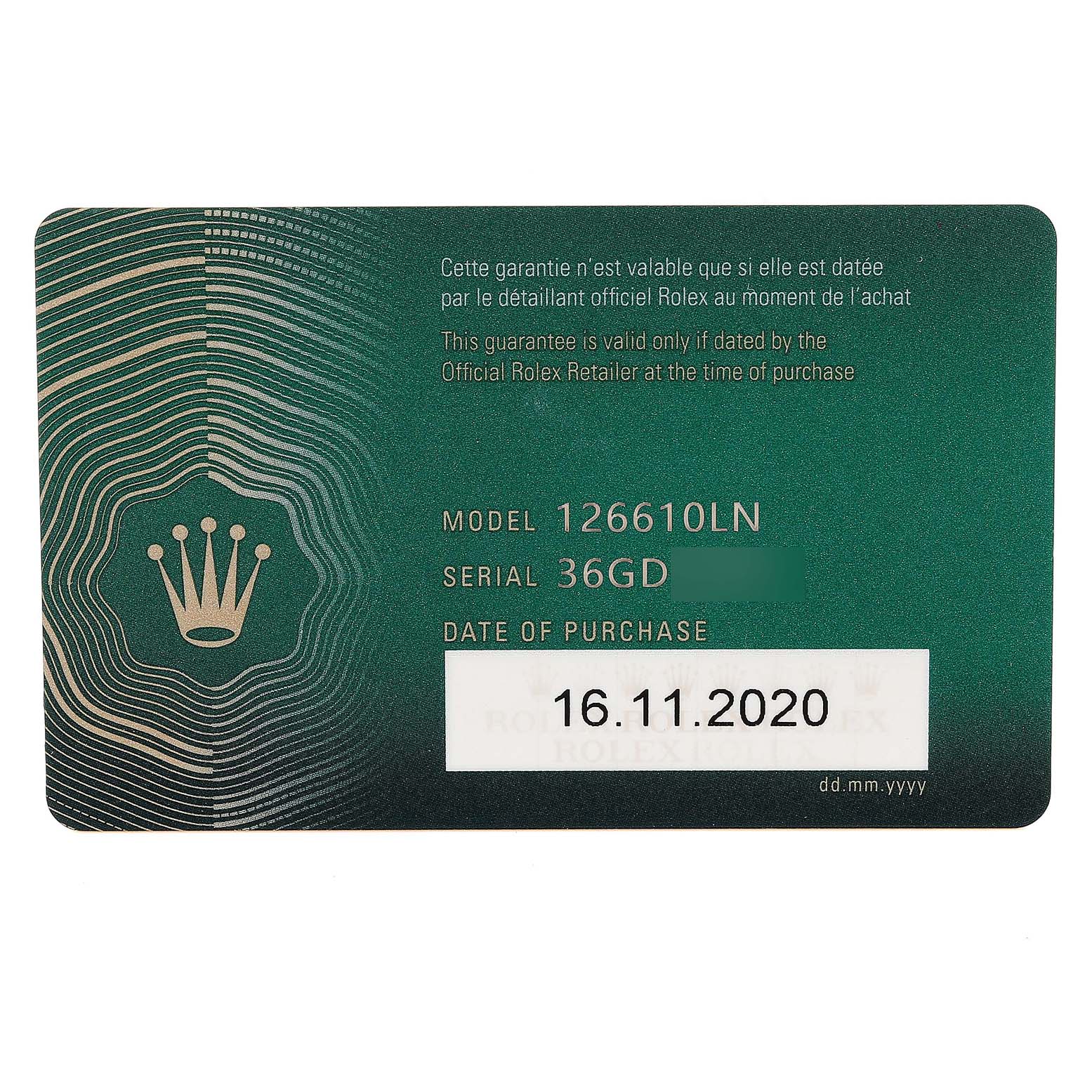 The image shows a warranty card for a Rolex Submariner 126610 Men
s Stainless Steel Black Dial 126610 Men
s Stainless Steel Black Dial model 126610LN, including the serial number and date of purchase.