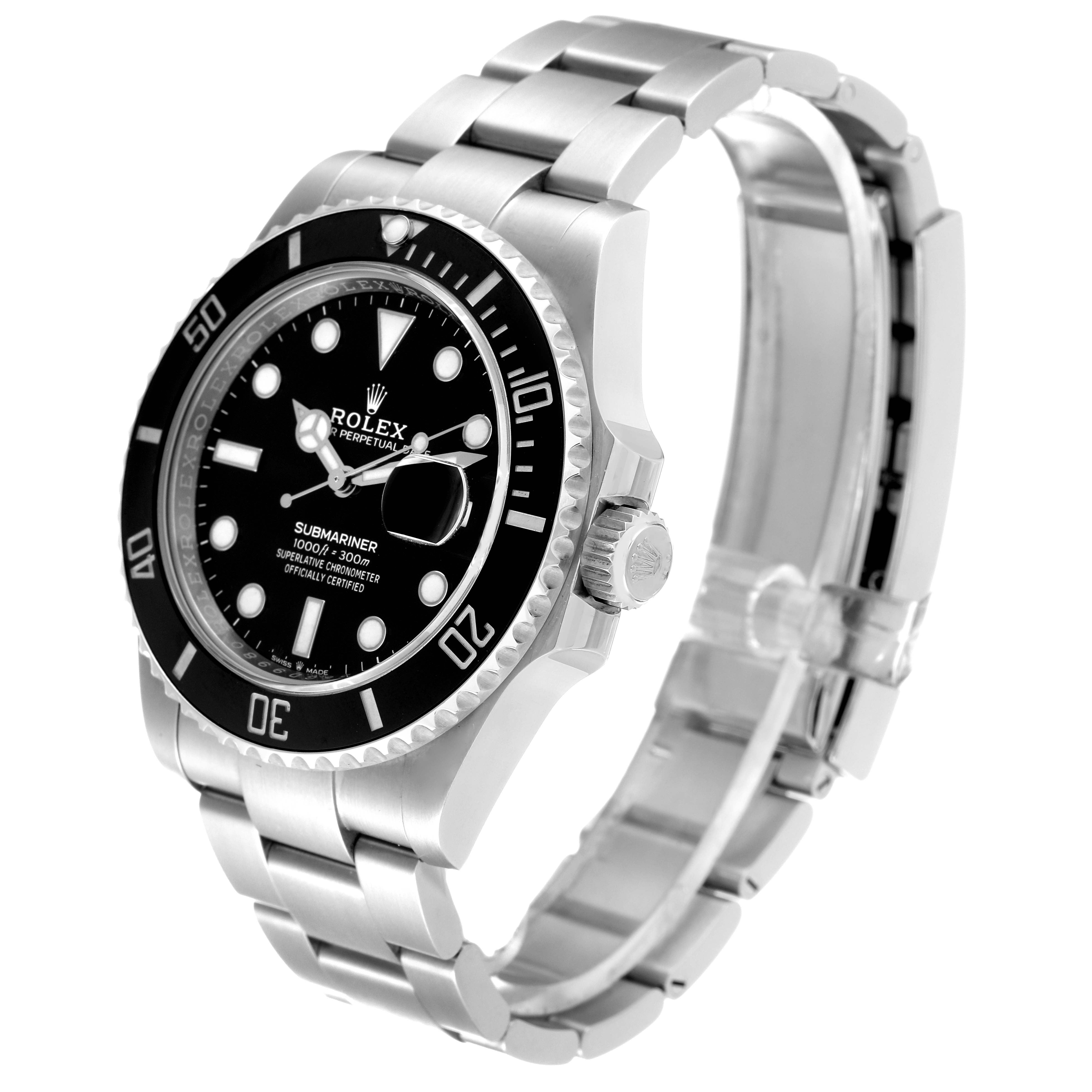 The image shows a Rolex Submariner 126610 Men
s Stainless Steel Black Dial 126610 Men
s Stainless Steel Black Dial watch at a three-quarter angle, highlighting its black dial, bezel, and metallic bracelet.
