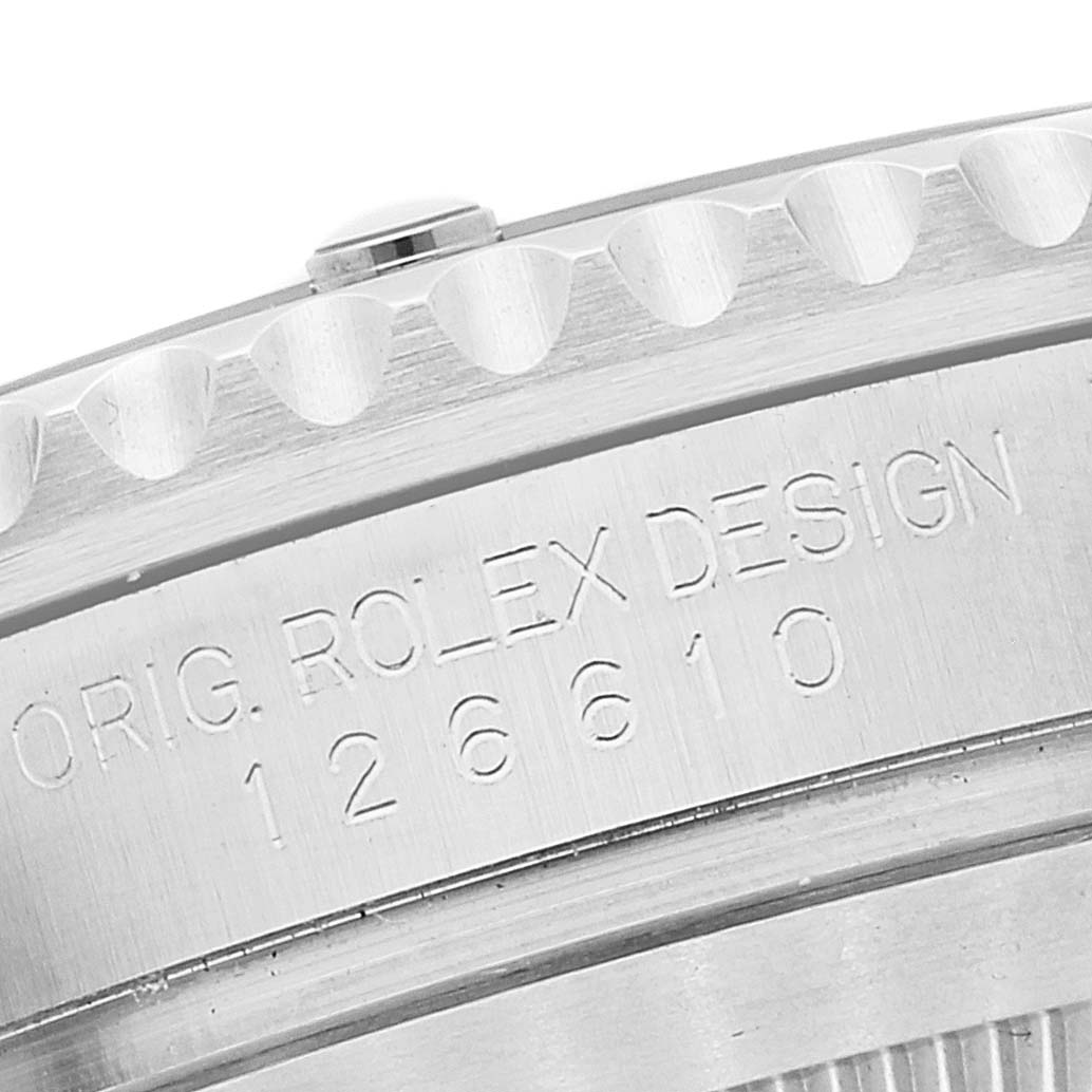 This close-up image shows the side bezel and engraved serial number of a Rolex Submariner 126610 Men
s Stainless Steel Black Dial 126610 Men
s Stainless Steel Black Dial watch.