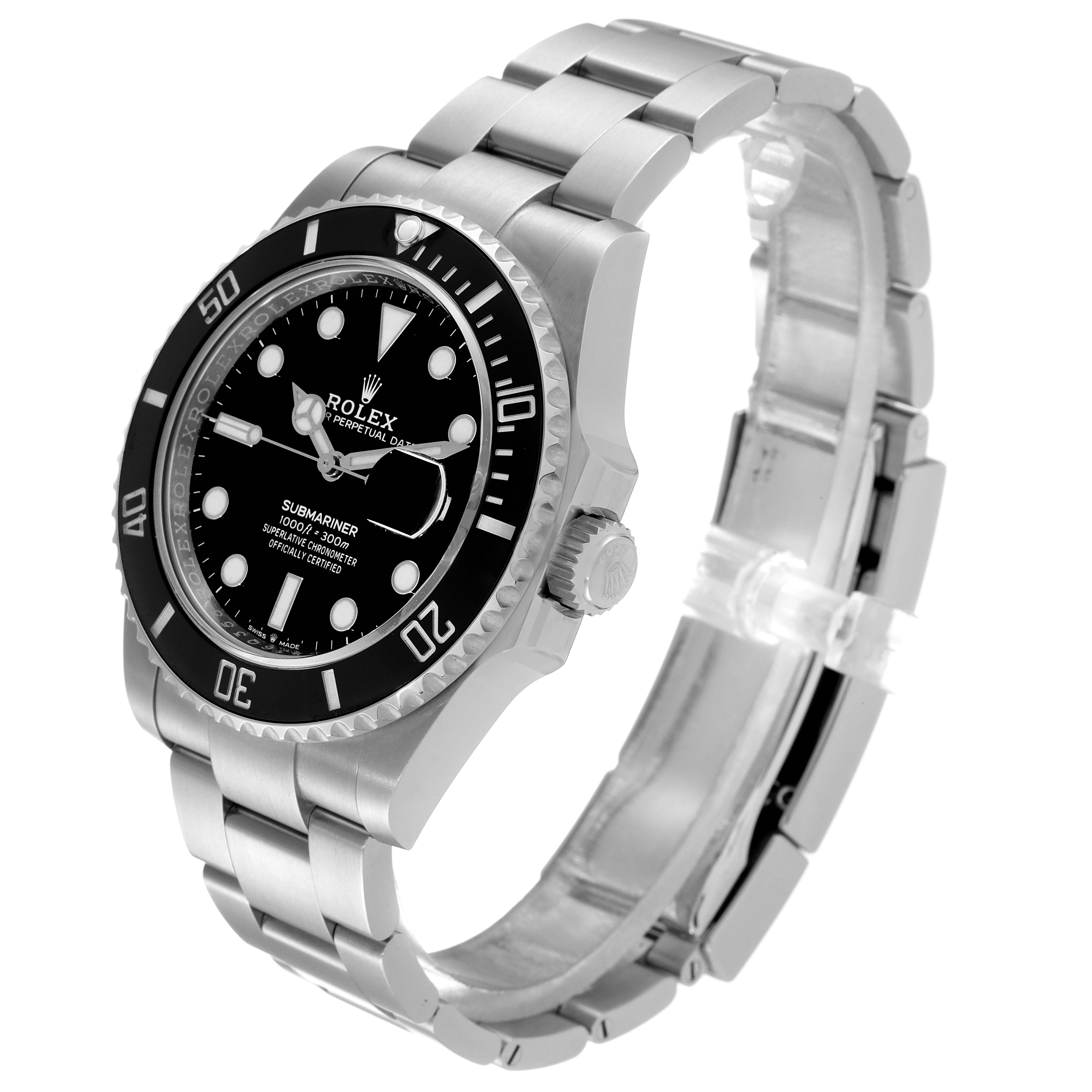 The image shows a side view of a Rolex Submariner 126610 Men's Stainless Steel Black Dial 126610 Men's Stainless Steel Black Dial watch, highlighting its bezel, dial, crown, and bracelet.