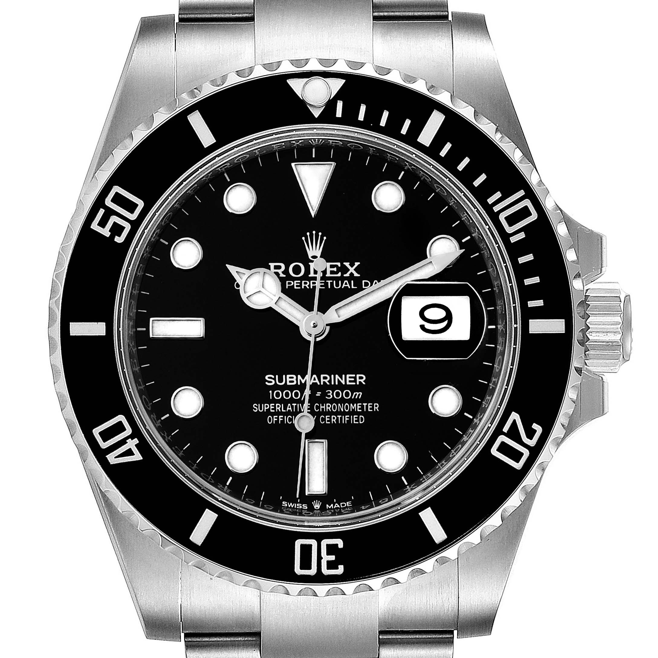 This image shows a front view of the Rolex Submariner 126610 Men's Stainless Steel Black Dial 126610 Men's Stainless Steel Black Dial watch, displaying the dial, hands, bezel, and part of the bracelet.
