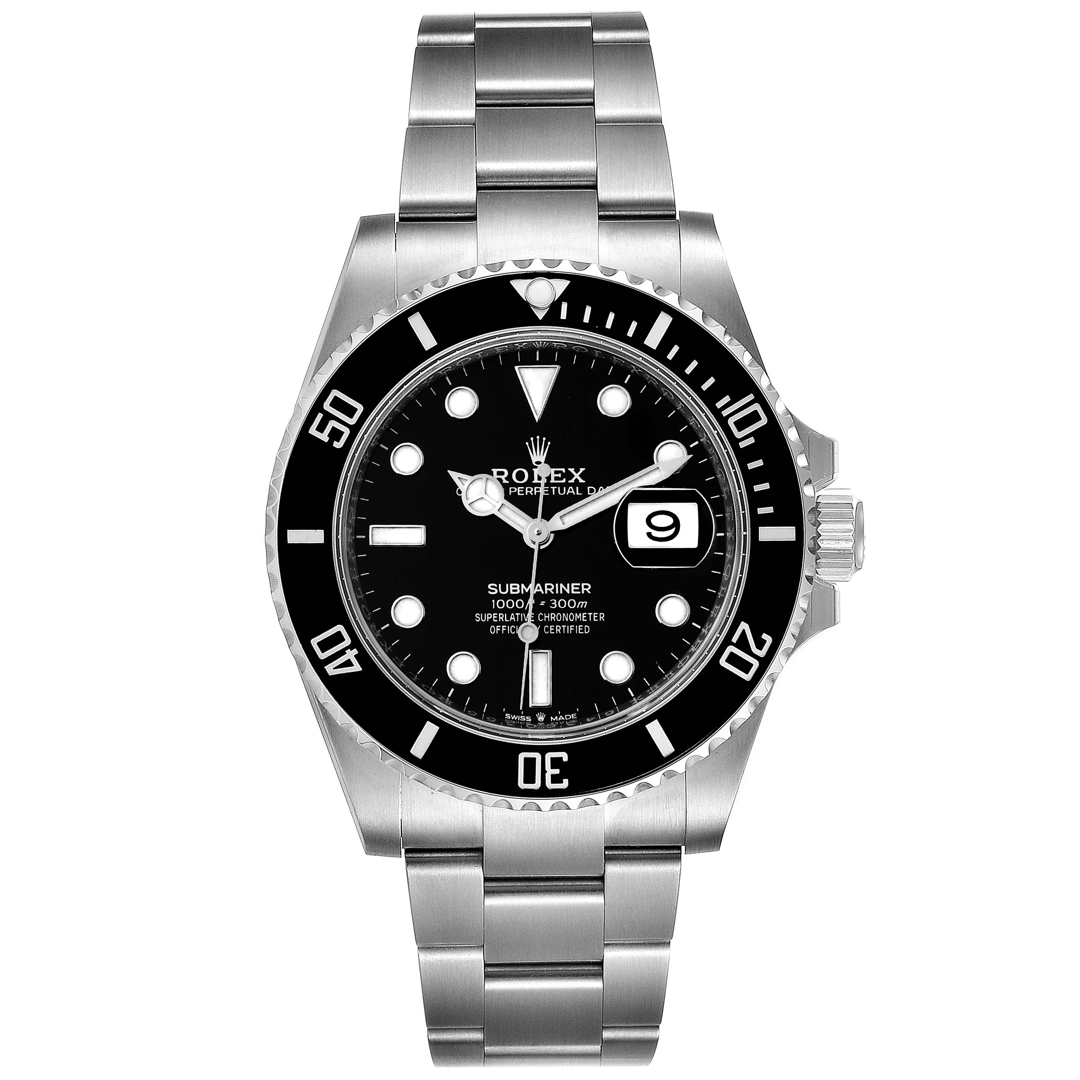The image shows a front view of a Rolex Submariner 126610 Men's Stainless Steel Black Dial 126610 Men's Stainless Steel Black Dial watch, displaying the dial, hands, bezel, and bracelet.