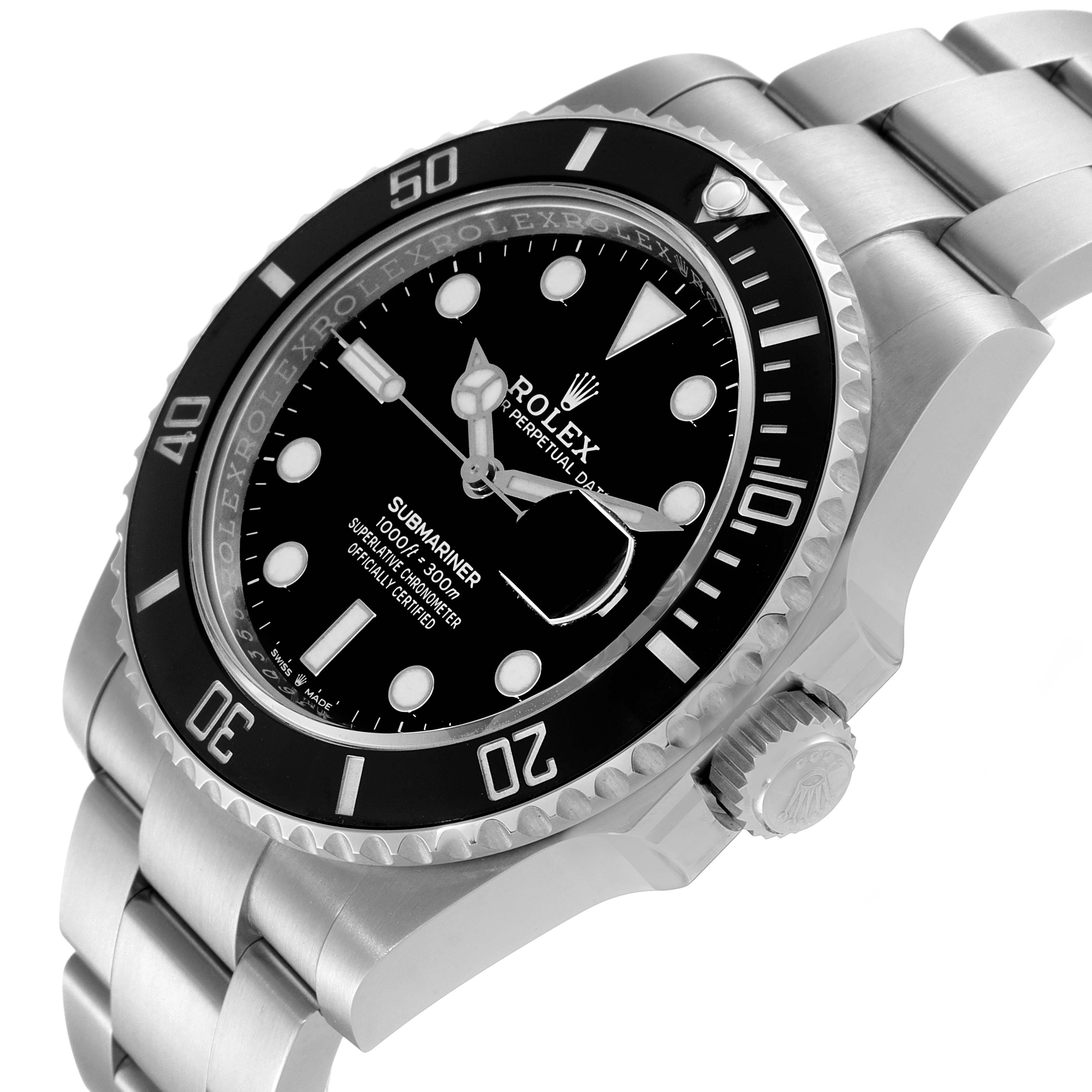 The image shows a side view of a Rolex Submariner 126610 Men's Stainless Steel Black Dial 126610 Men's Stainless Steel Black Dial watch, highlighting its black bezel, black dial, and stainless steel bracelet.