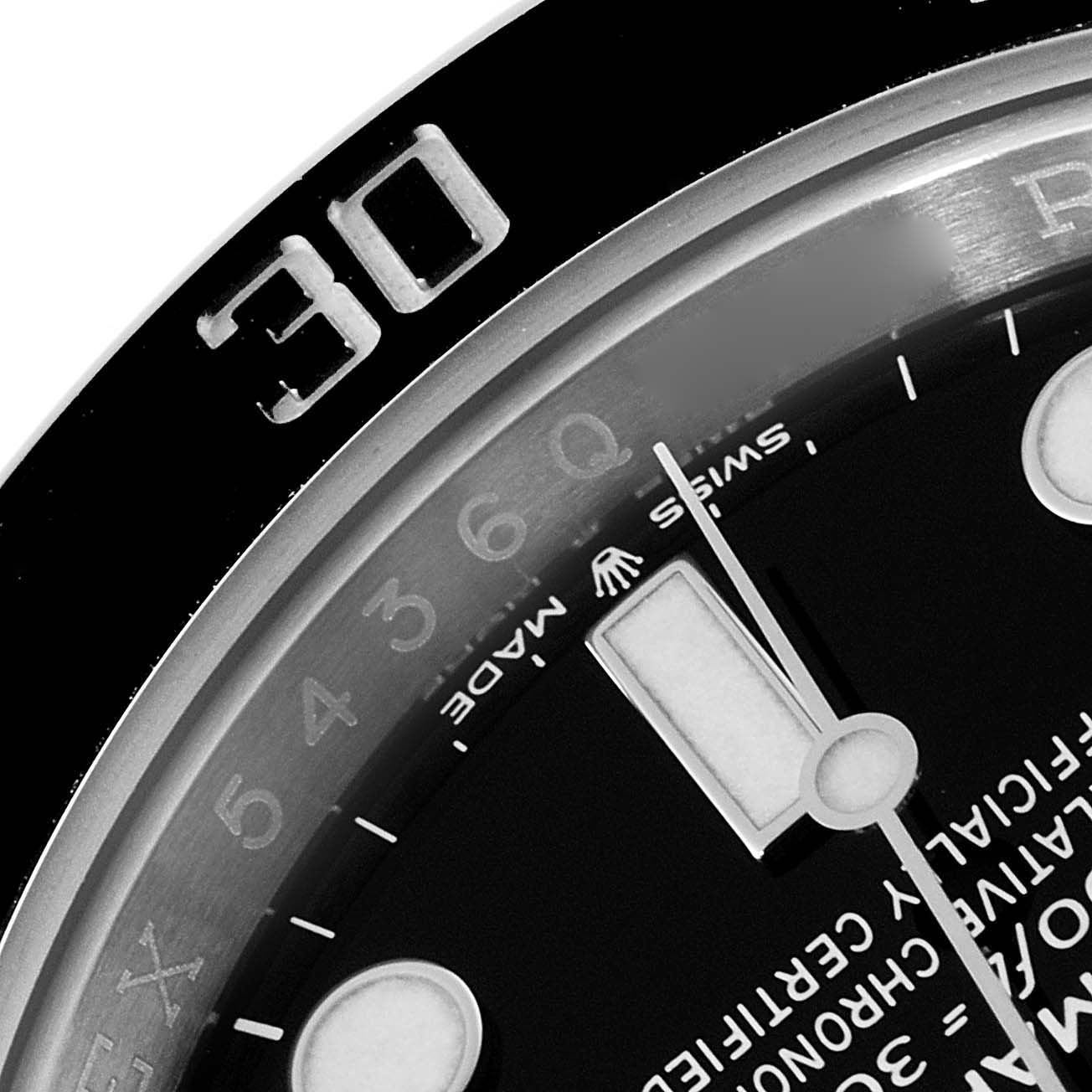 The image shows a close-up of the dial and bezel of a Rolex Submariner 126610 Men's Stainless Steel Black Dial 126610 Men's Stainless Steel Black Dial watch, highlighting the "30" minute marker.