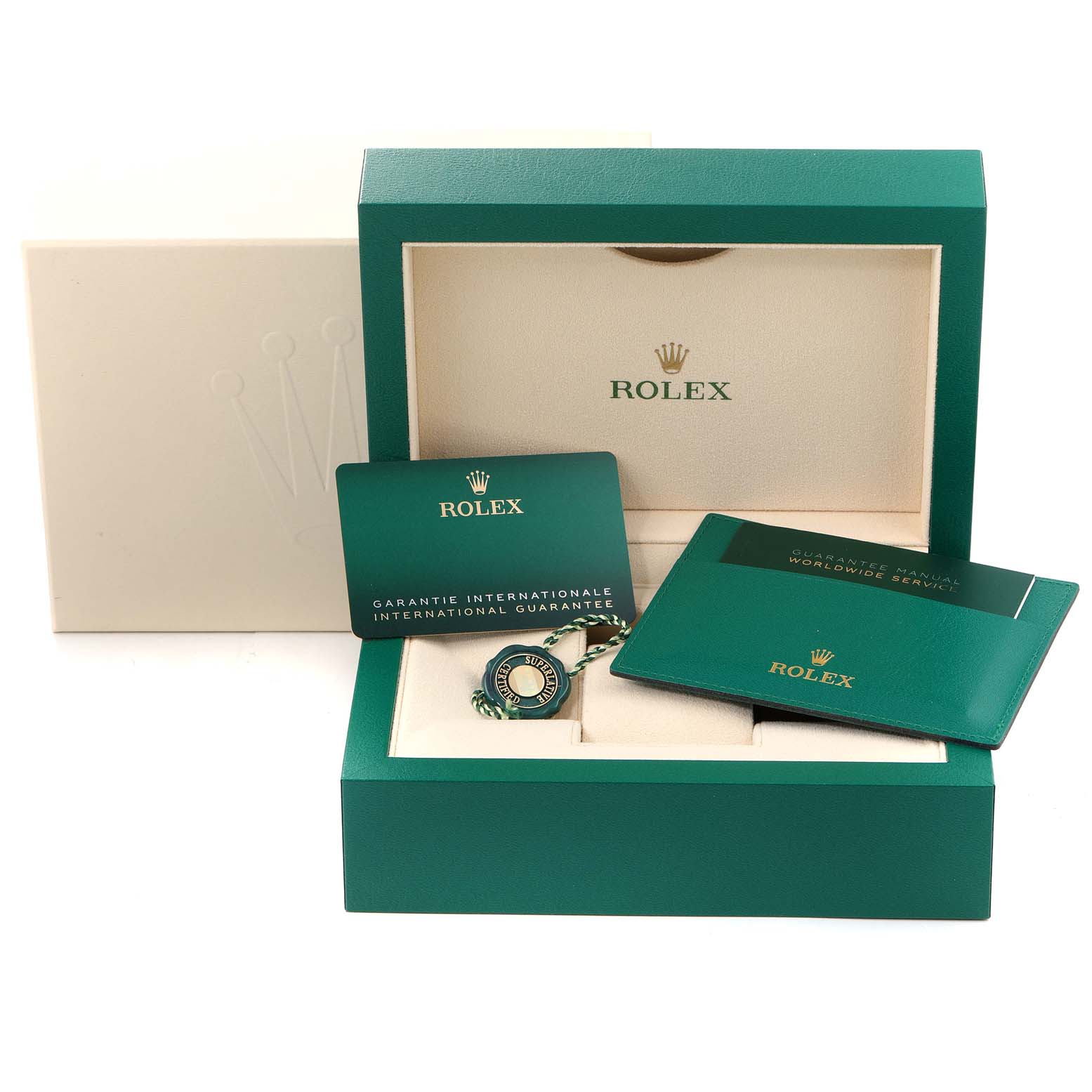 The image shows a Rolex Submariner 126610 Men's Stainless Steel Black Dial 126610 Men's Stainless Steel Black Dial watch box with guarantee cards and manuals viewed from the front angle.