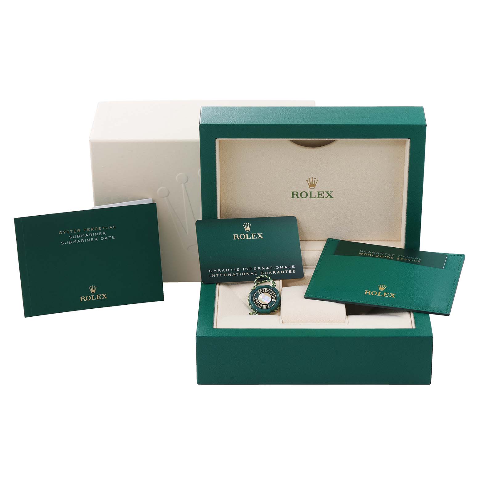 The image shows the packaging, guarantee card, manuals, and accessories for a Rolex Submariner 126610 Men
s Stainless Steel Black Dial 126610 Men
s Stainless Steel Black Dial watch.