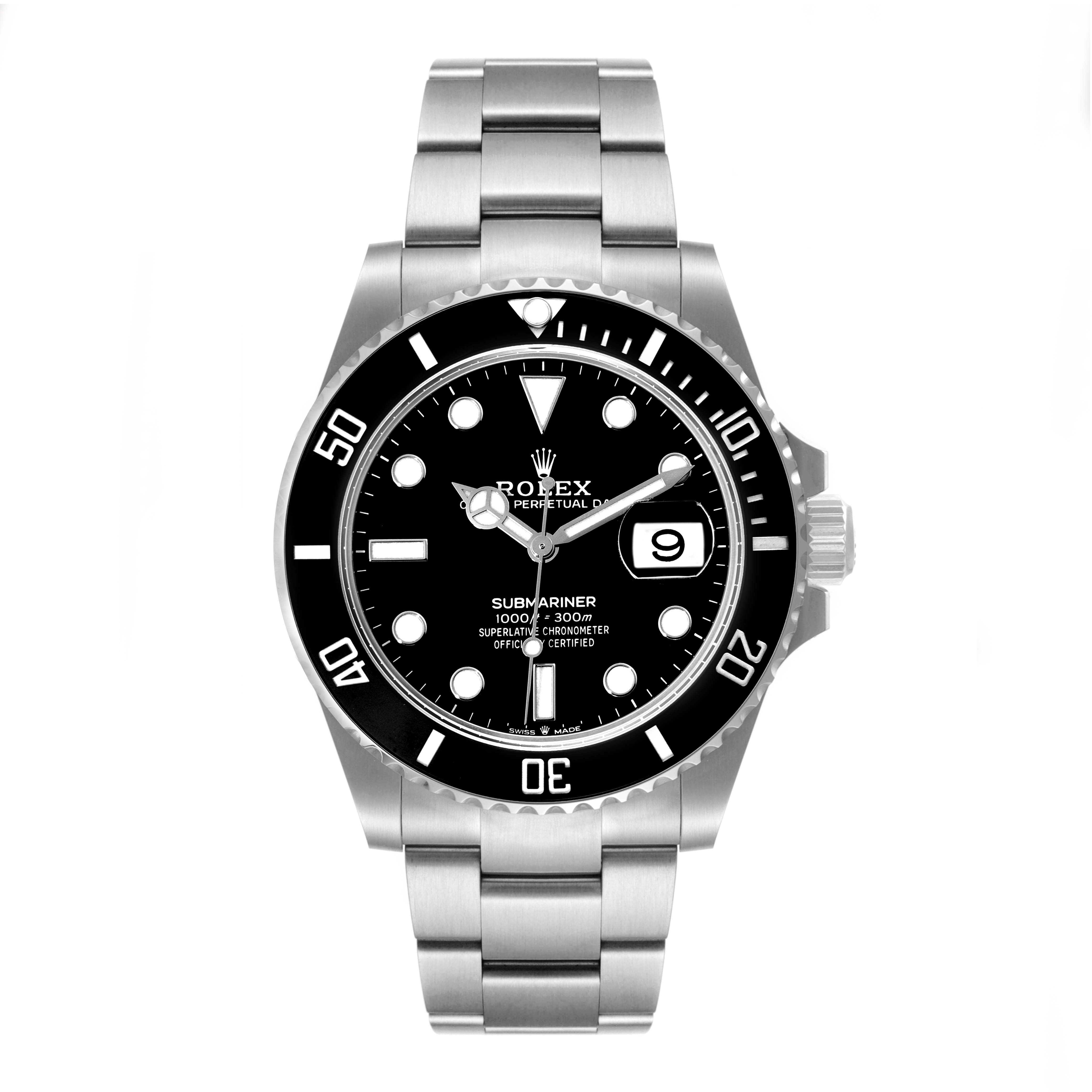 The image shows a front view of a Rolex Submariner 126610 Men
s Stainless Steel Black Dial 126610 Men
s Stainless Steel Black Dial watch with its stainless steel bracelet and black dial.