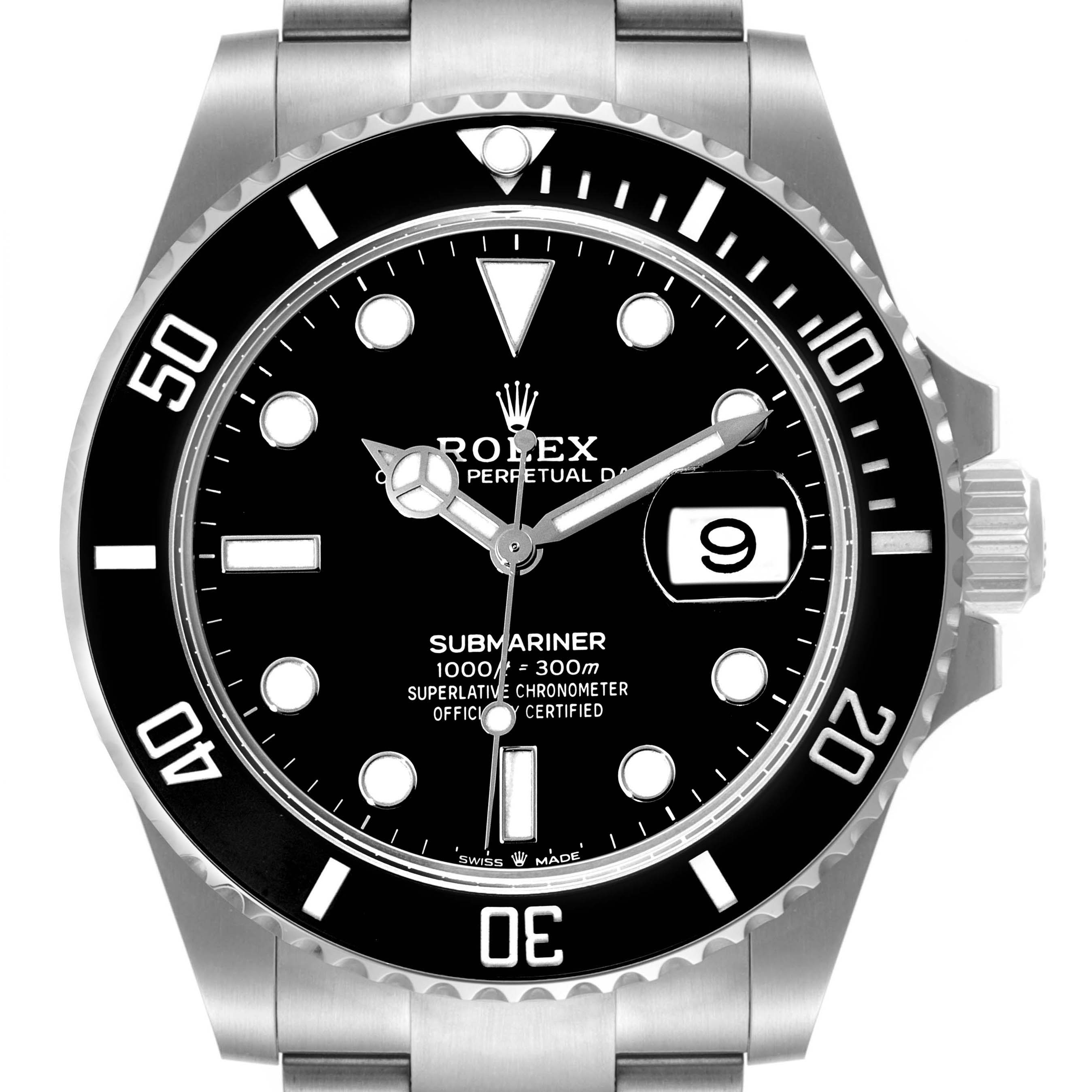 This image shows the face of a Rolex Submariner 126610 Men
s Stainless Steel Black Dial 126610 Men
s Stainless Steel Black Dial, including the bezel, dial, hands, and date window.