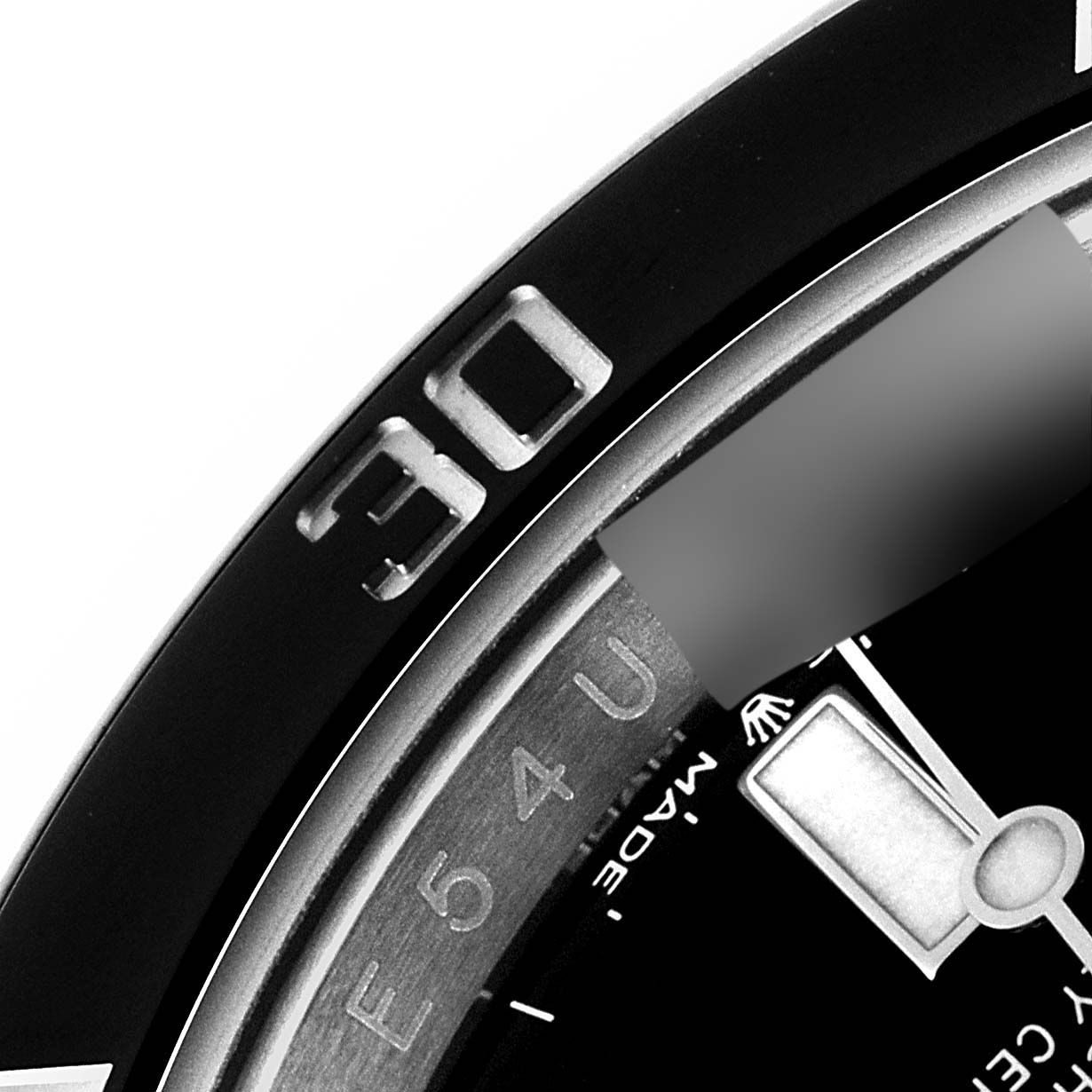 This close-up image shows the bezel, part of the dial, and hands of a Rolex Submariner 126610 Men
s Stainless Steel Black Dial 126610 Men
s Stainless Steel Black Dial watch.