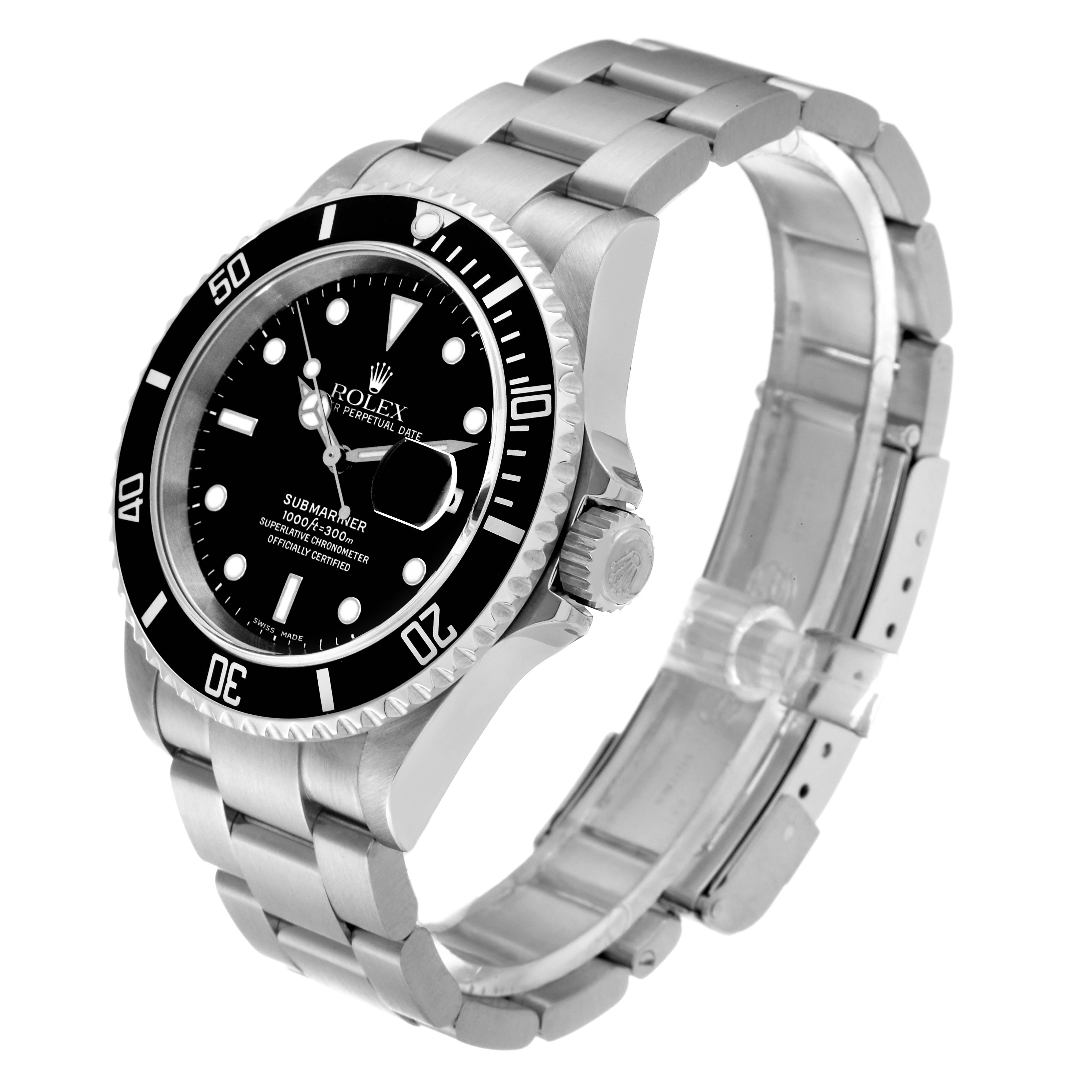This image shows a Rolex Submariner 16610 Men's Stainless Steel Black Dial 16610 Men's Stainless Steel Black Dial watch at an angle displaying the face, bezel, and bracelet.