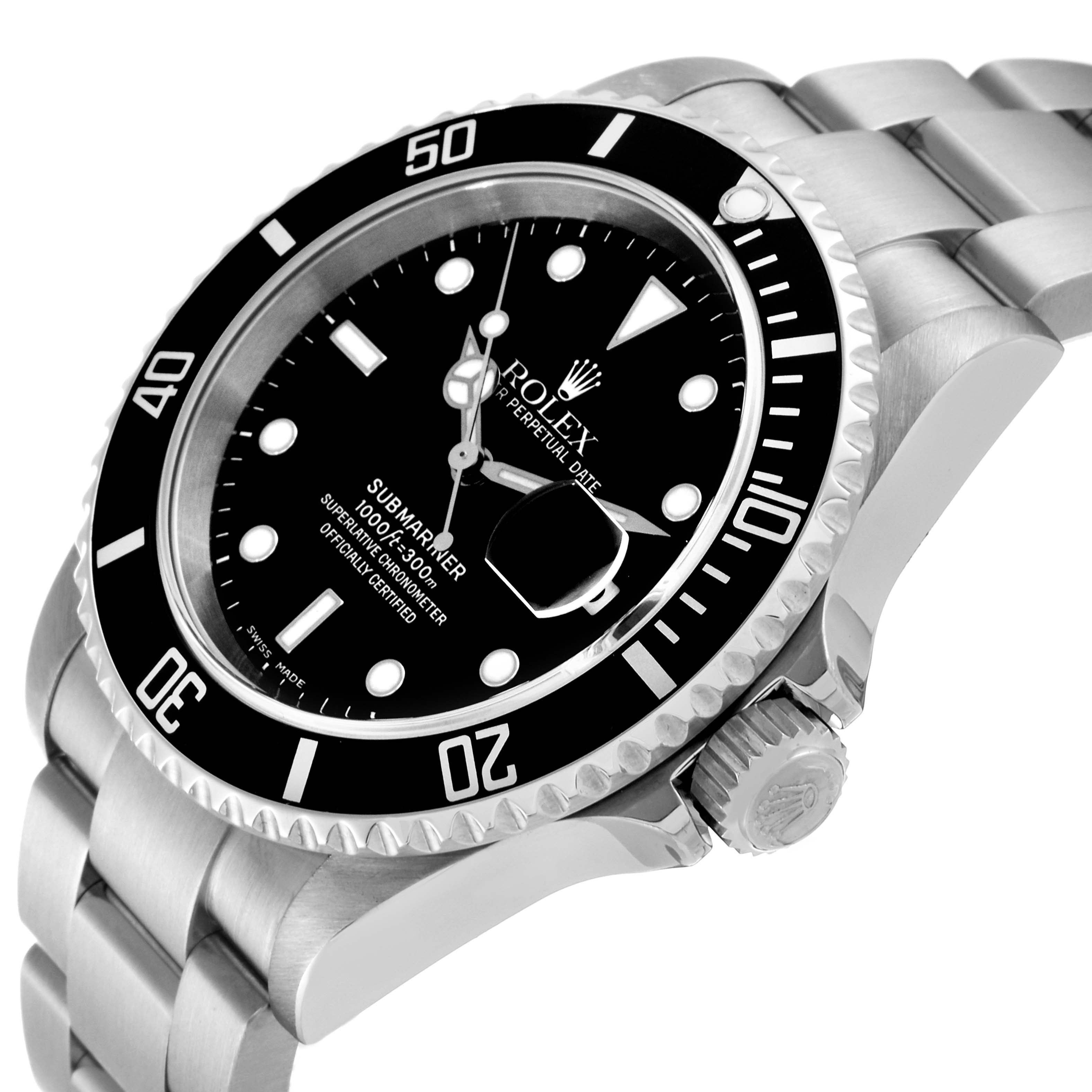 The image shows a Rolex Submariner 16610 Men's Stainless Steel Black Dial 16610 Men's Stainless Steel Black Dial watch viewed from a 3/4 angle, highlighting the dial, bezel, crown, and bracelet.
