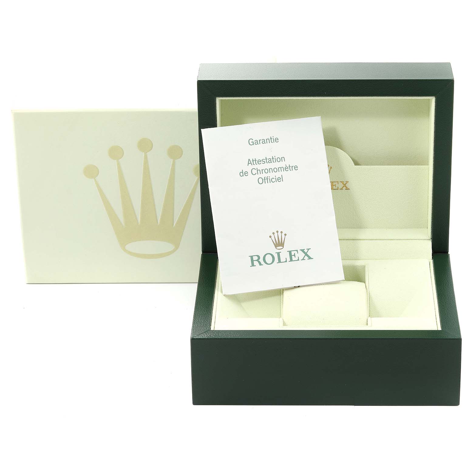 This image shows a green Rolex Submariner 16610 Men's Stainless Steel Black Dial 16610 Men's Stainless Steel Black Dial watch box, including warranty documentation inside.