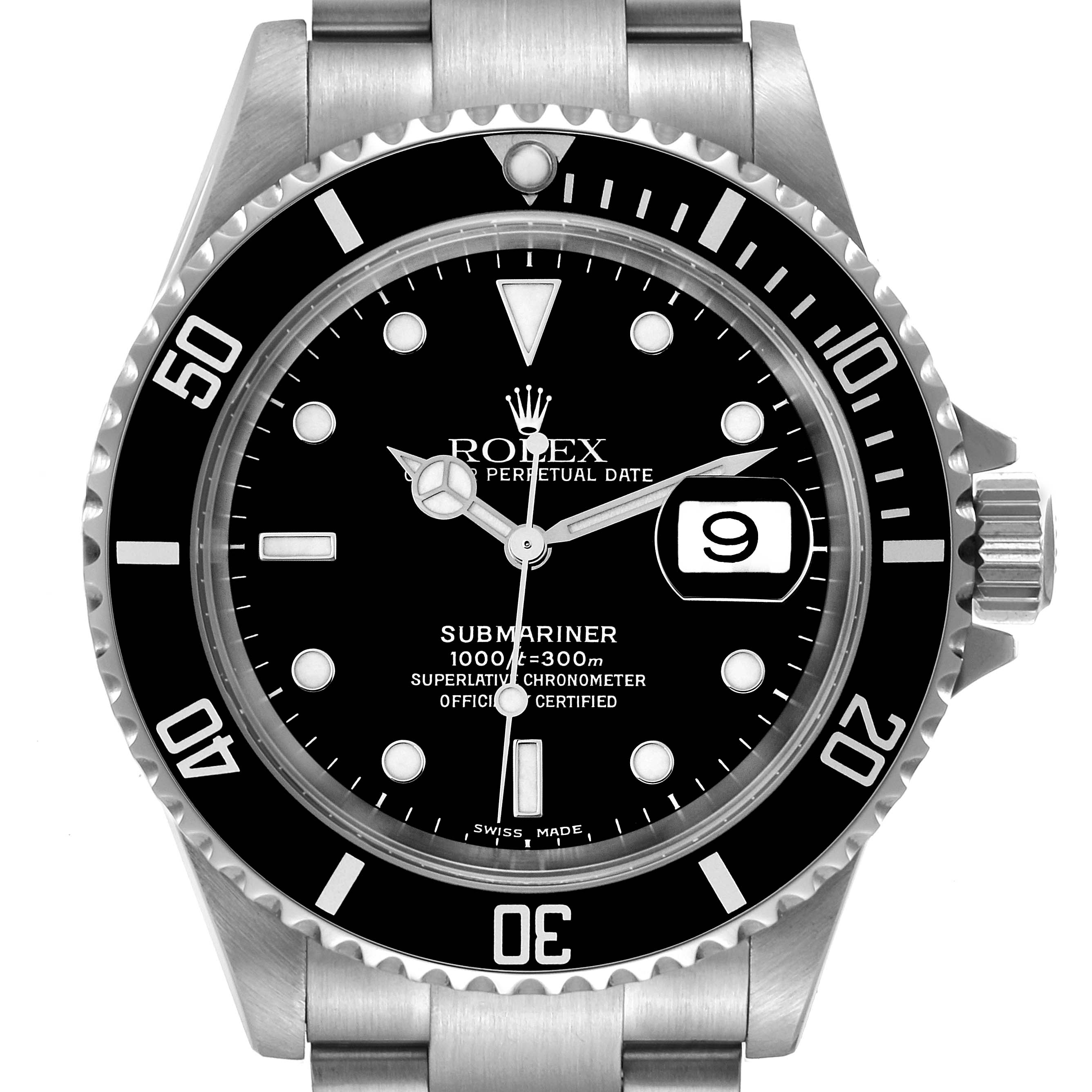 The image shows the front view of the Rolex Submariner 16610 Men's Stainless Steel Black Dial 16610 Men's Stainless Steel Black Dial watch, displaying the dial, bezel, and part of the bracelet.