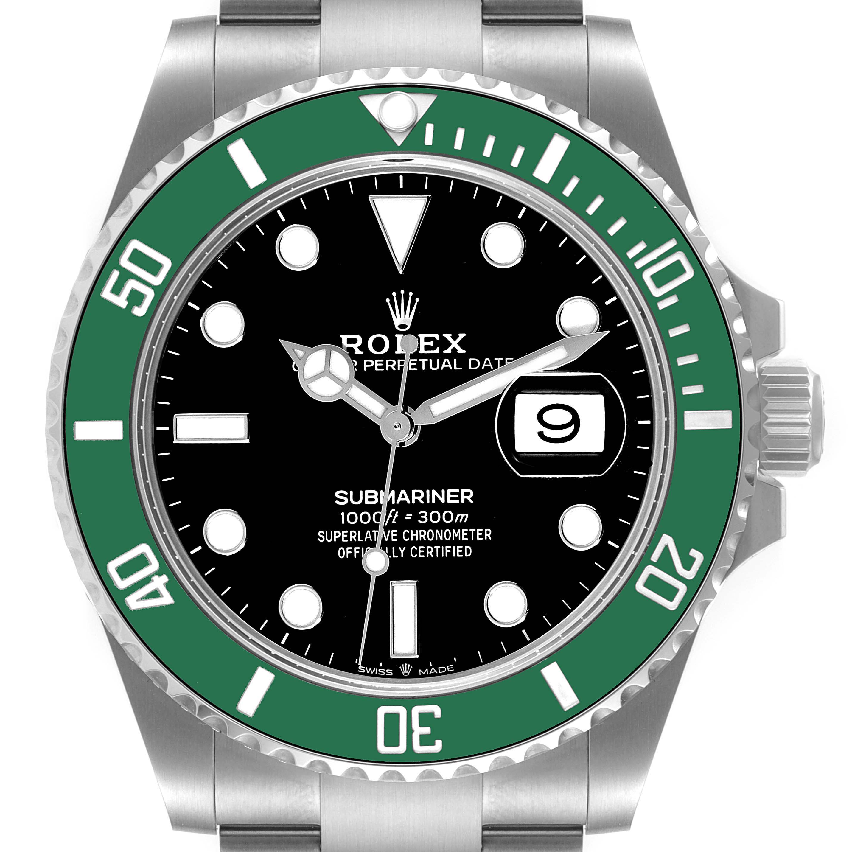 The image shows a front view of the Rolex Submariner 126610LV Men's Stainless Steel Black Dial 126610LV Men's Stainless Steel Black Dial watch, featuring a green bezel, black dial, and date window.