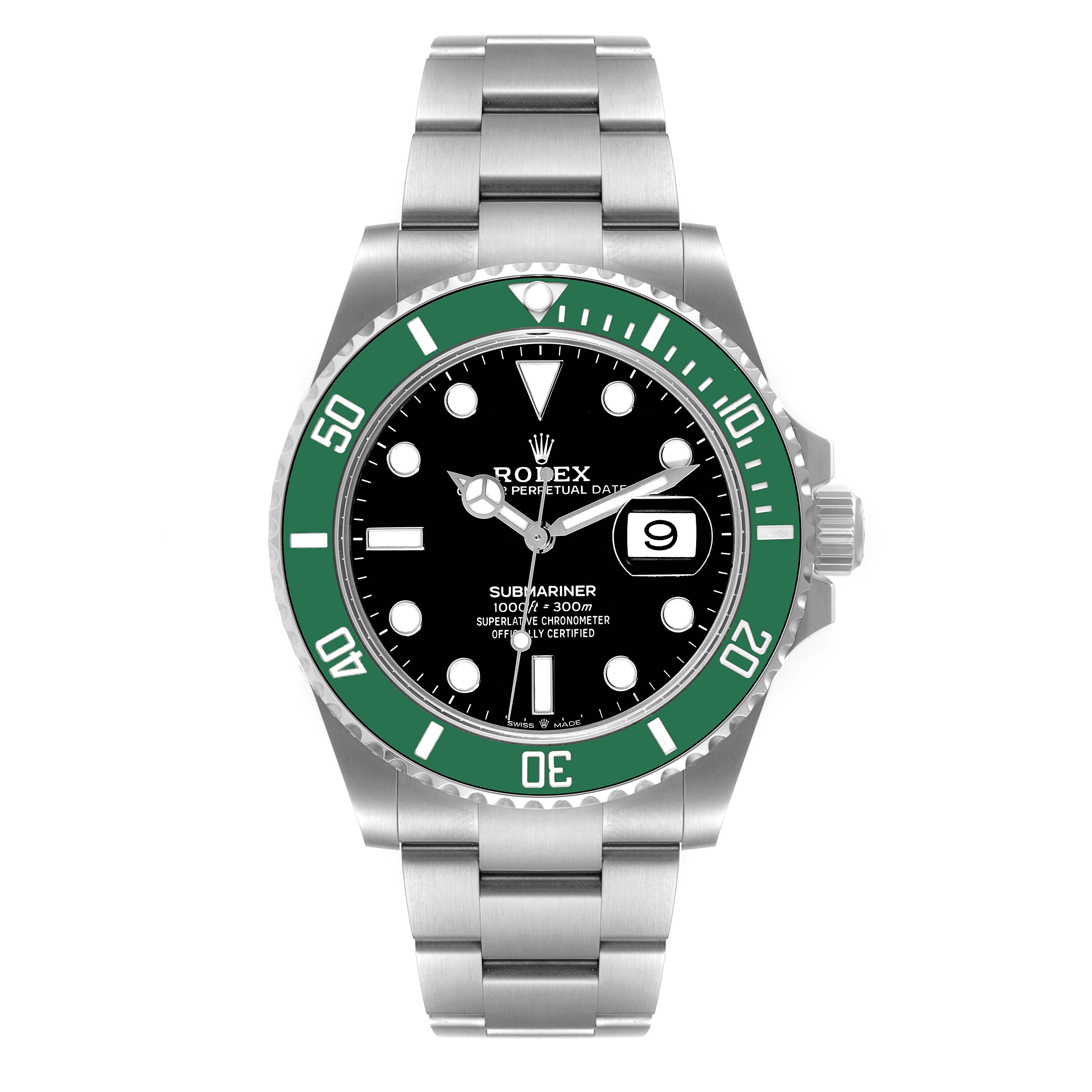 The image shows a front view of a Rolex Submariner 126610LV Men's Stainless Steel Black Dial 126610LV Men's Stainless Steel Black Dial watch with a green bezel and stainless steel bracelet.