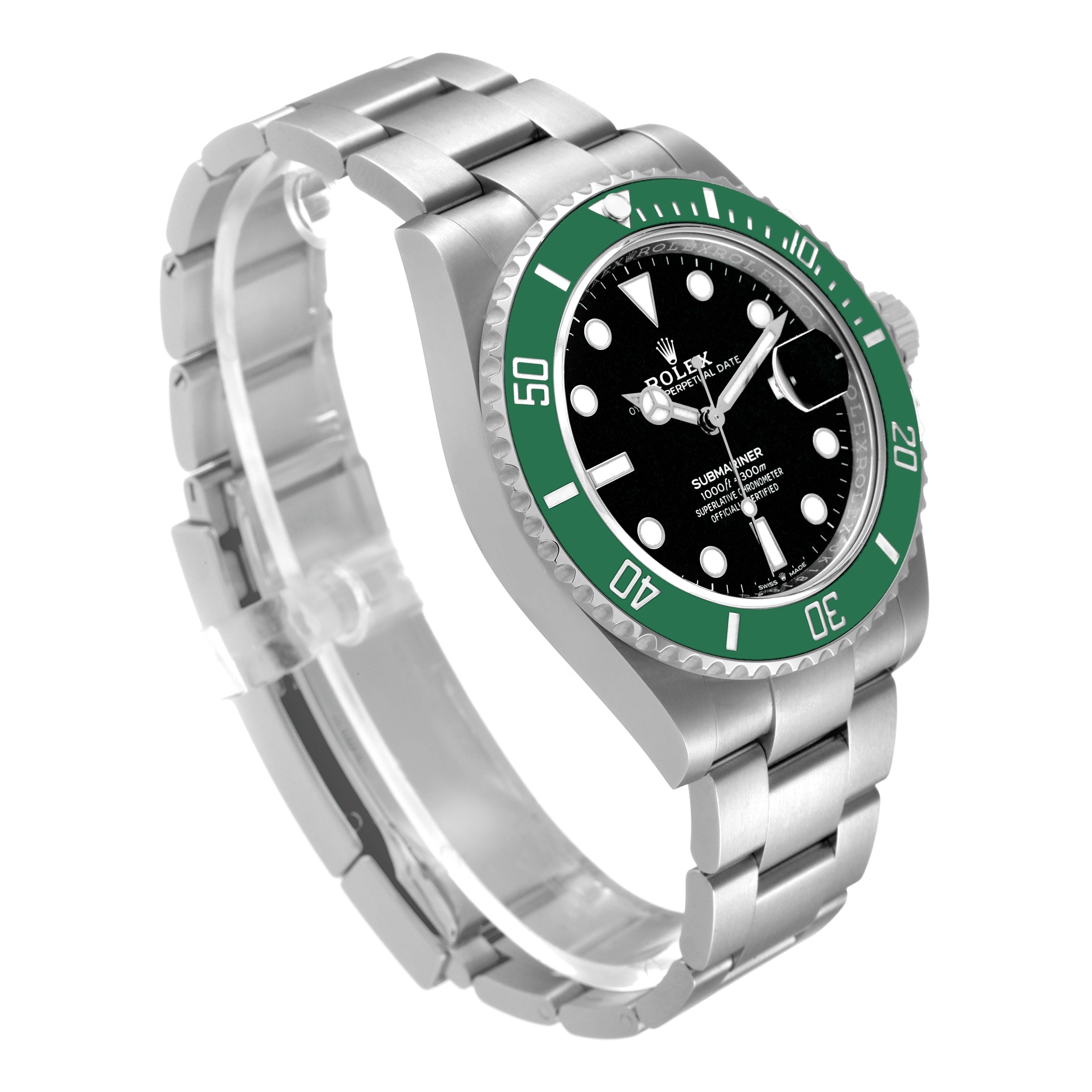 The image shows a Rolex Submariner 126610LV Men's Stainless Steel Black Dial 126610LV Men's Stainless Steel Black Dial watch at an angled view, highlighting its green bezel, black dial, and stainless steel bracelet.