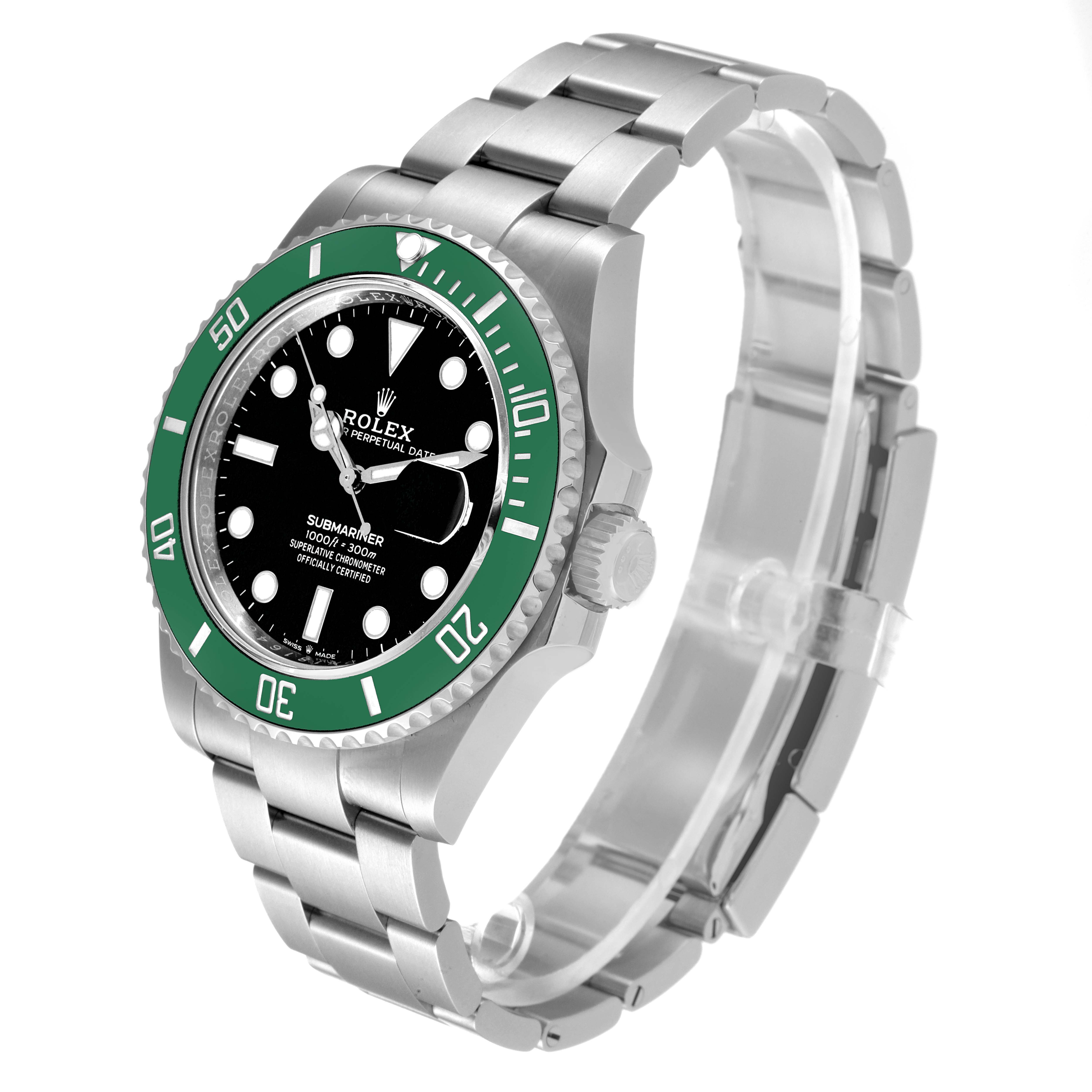 The image shows a side angle view of the Rolex Submariner 126610LV Men's Stainless Steel Black Dial 126610LV Men's Stainless Steel Black Dial watch, highlighting the face, bezel, bracelet, and crown.