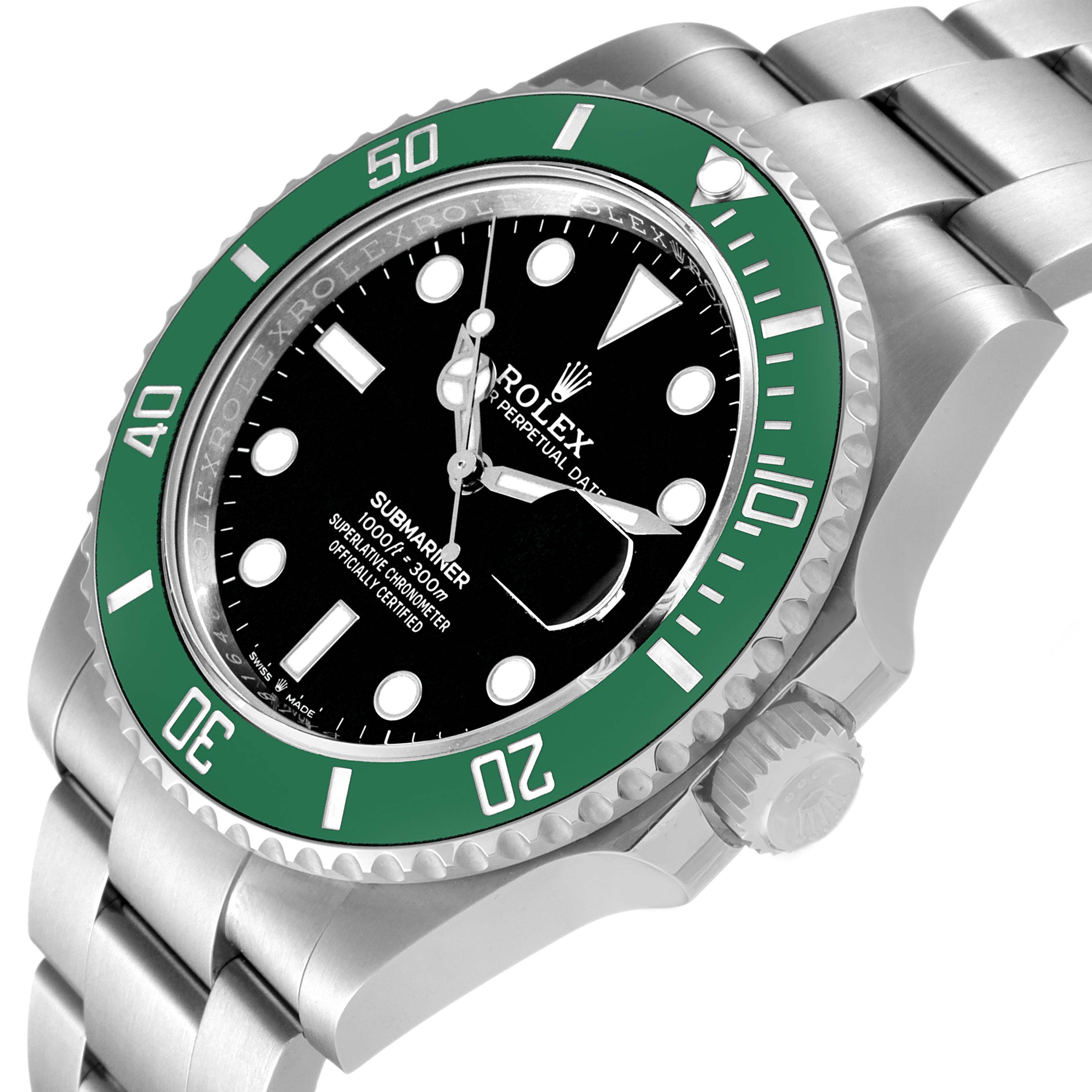 The Rolex Submariner 126610LV Men's Stainless Steel Black Dial 126610LV Men's Stainless Steel Black Dial watch is shown from an angled close-up, highlighting the green bezel, black dial, and stainless steel bracelet.