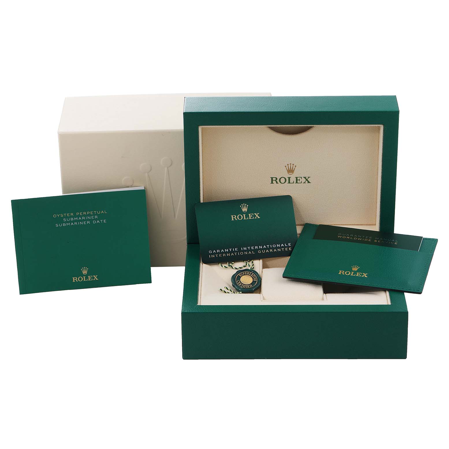 The image shows the box and accessories of a Rolex Submariner 126610LV Men's Stainless Steel Black Dial 126610LV Men's Stainless Steel Black Dial, including manuals and a guarantee card, displayed from a front angle.