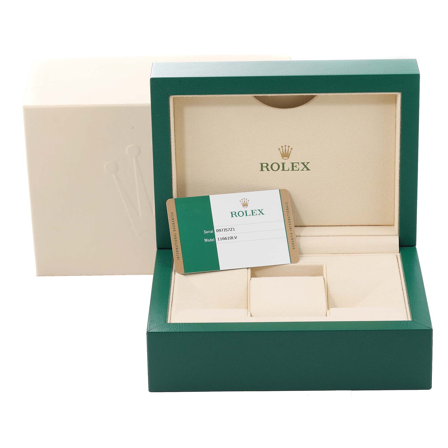 The image shows the open box and warranty card of a Rolex Submariner 116610LV Men's Stainless Steel Green Dial 116610LV Men's Stainless Steel Green Dial watch, with a green and beige color scheme.