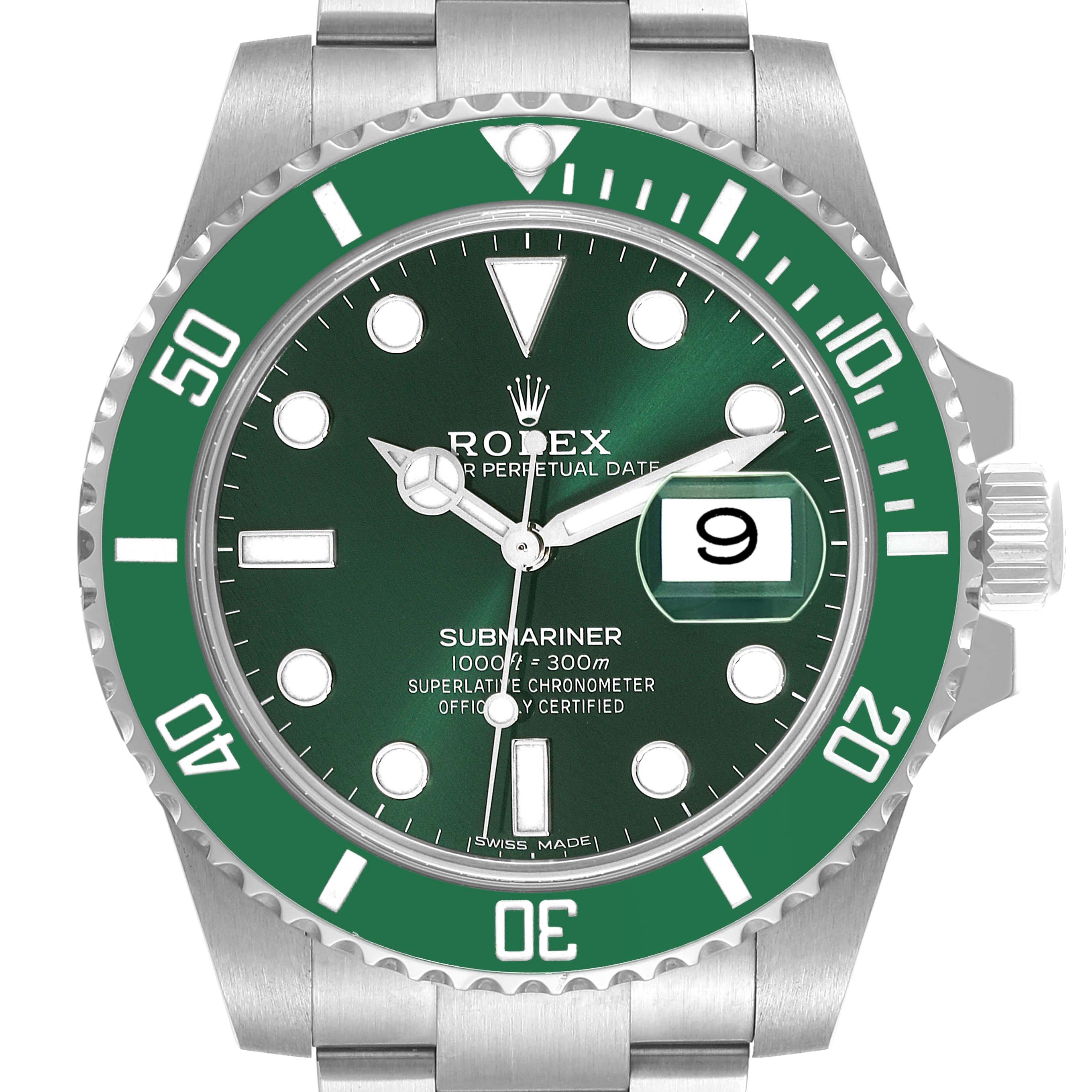 The image shows a front view of the Rolex Submariner 116610LV Men's Stainless Steel Green Dial 116610LV Men's Stainless Steel Green Dial watch, displaying its green bezel, dial, and date window.