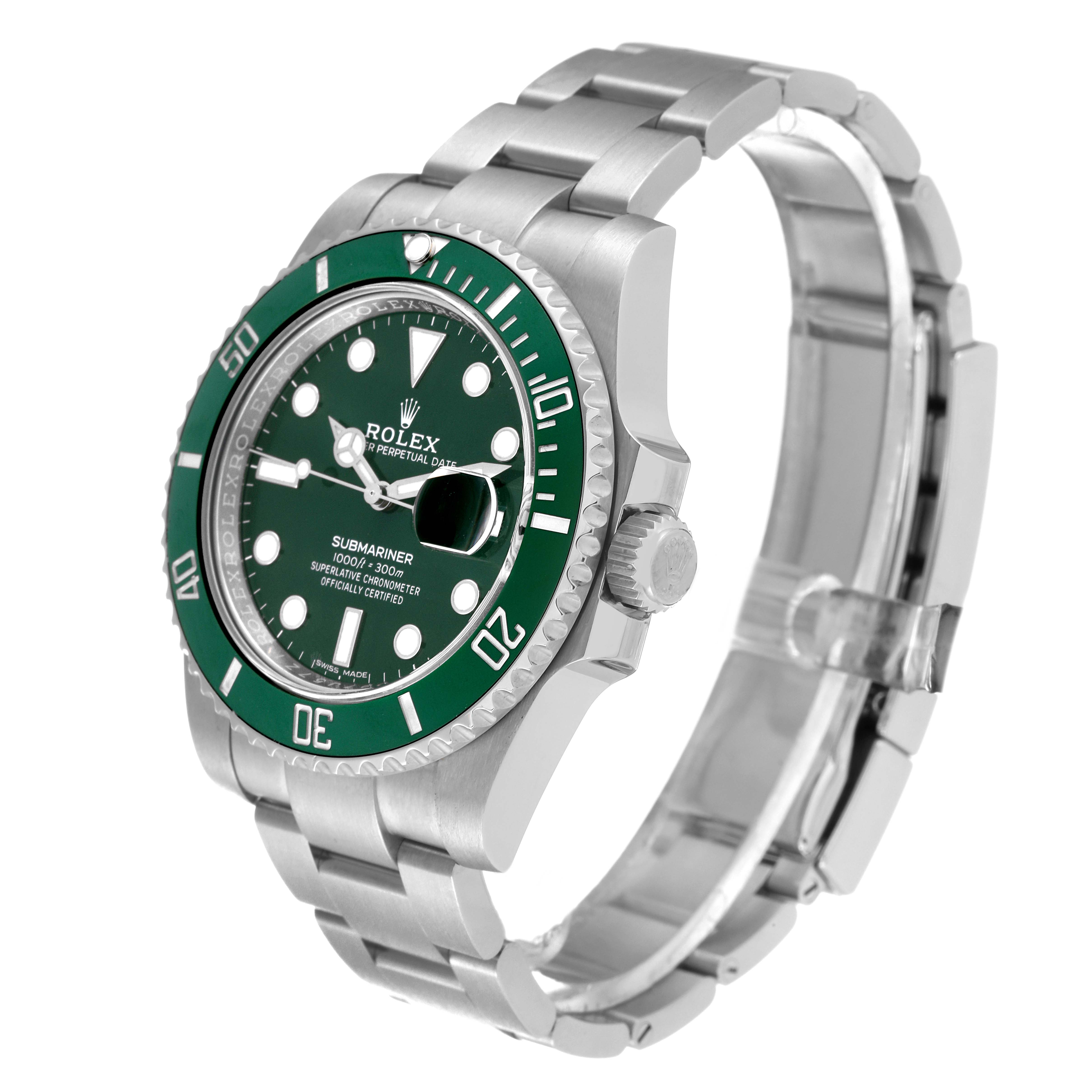 This image shows a side angle of a Rolex Submariner 116610LV Men's Stainless Steel Green Dial 116610LV Men's Stainless Steel Green Dial watch, highlighting its green bezel, crown, dial, and stainless steel bracelet.