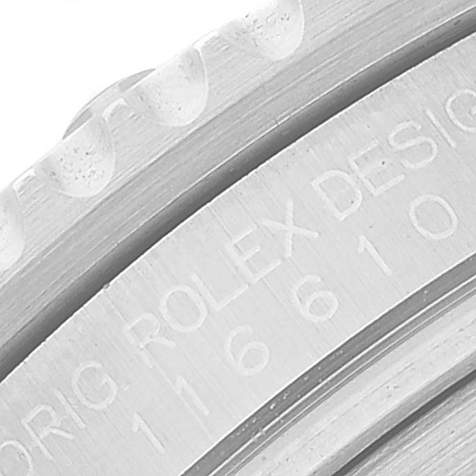 The image shows a close-up view of the bezel and side engraving on a Rolex Submariner 116610LV Men's Stainless Steel Green Dial 116610LV Men's Stainless Steel Green Dial model watch.