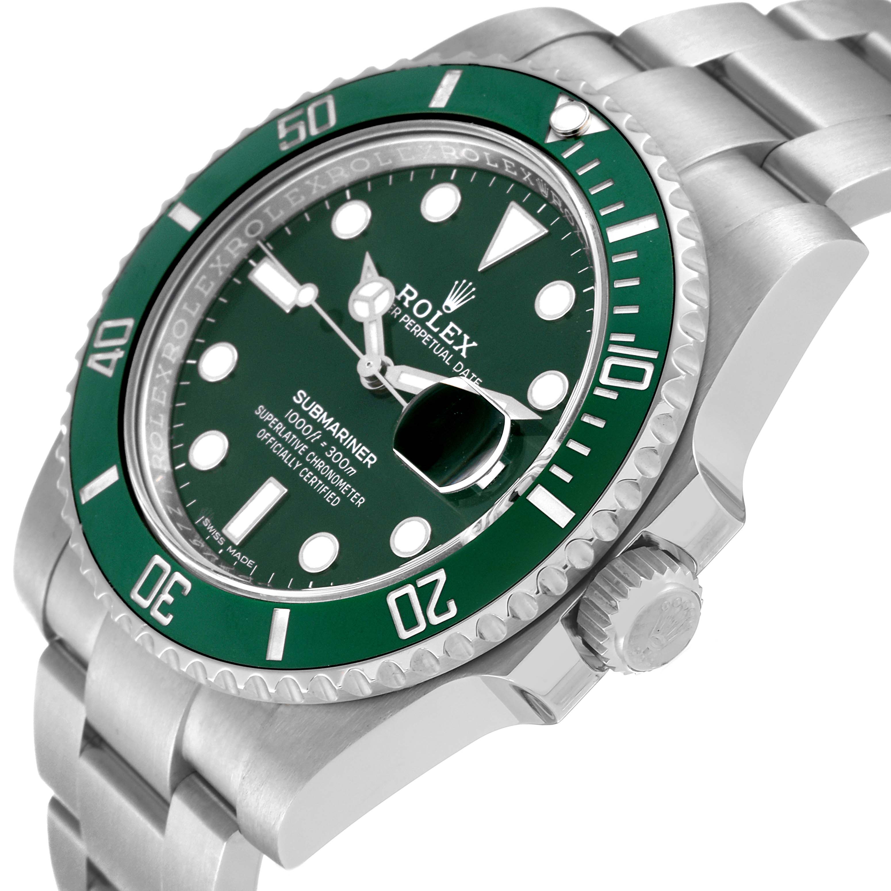 The image shows a side view of a Rolex Submariner 116610LV Men's Stainless Steel Green Dial 116610LV Men's Stainless Steel Green Dial, highlighting the green bezel, green dial, crown, and part of the bracelet.