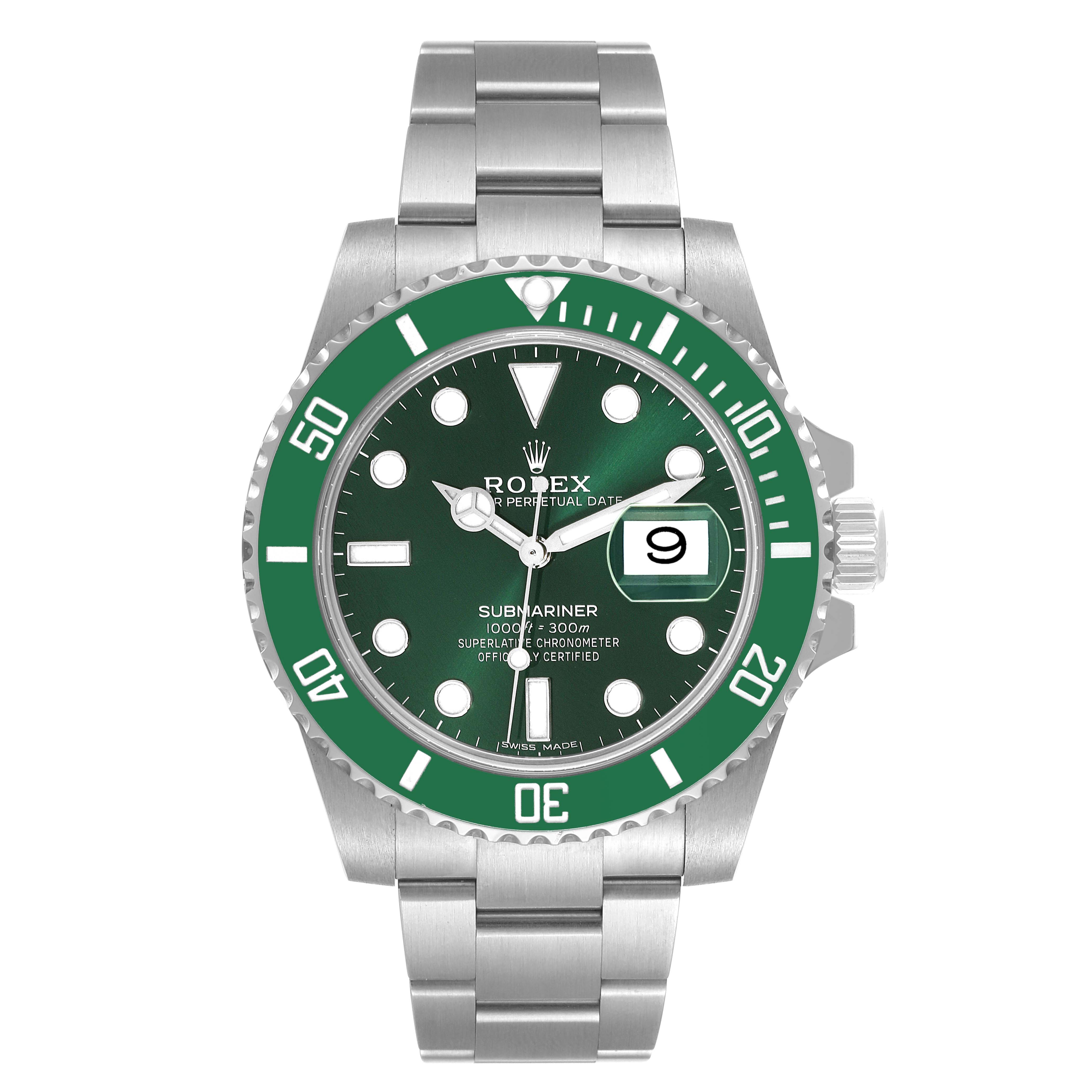 This image shows a front view of the Rolex Submariner 116610LV Men's Stainless Steel Green Dial 116610LV Men's Stainless Steel Green Dial watch, displaying the green bezel, dial, and stainless steel bracelet.