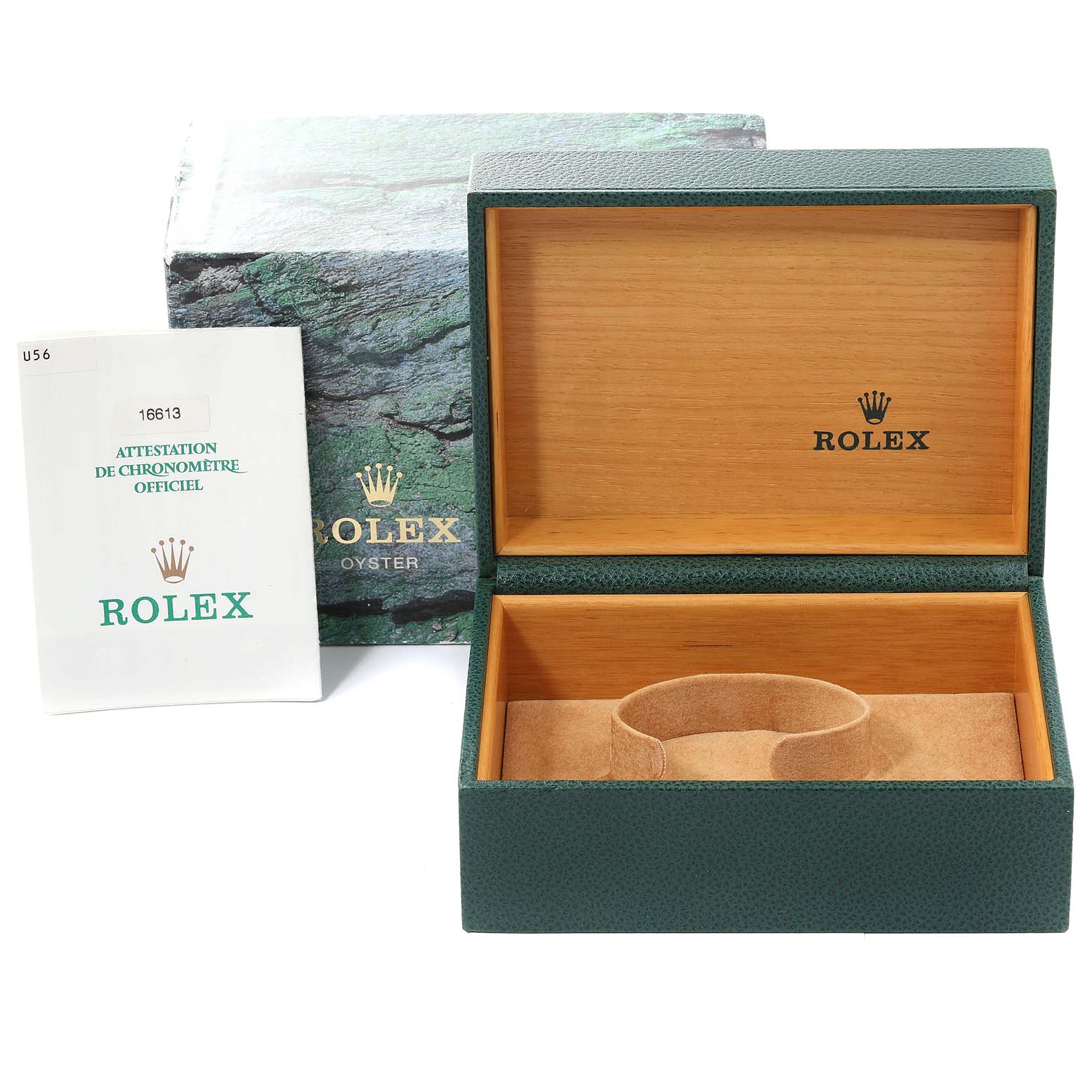 The image shows the empty green box and protective cushion for a Rolex Submariner 16613 Men's Steel and Gold (two tone) Grey Dial 16613 Men's Steel and Gold (two tone) Grey Dial, including the official certification document.