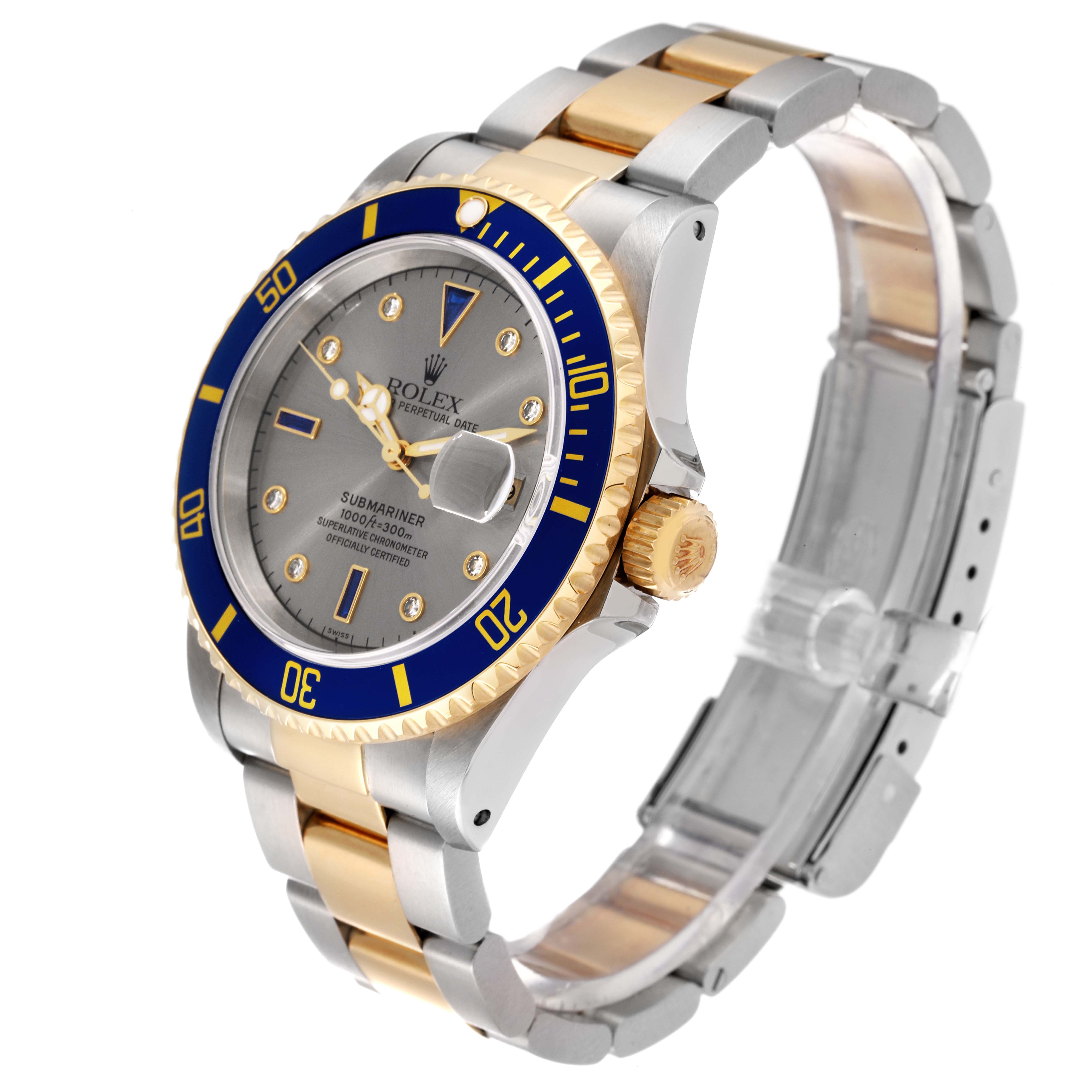 The Rolex Submariner 16613 Men's Steel and Gold (two tone) Grey Dial 16613 Men's Steel and Gold (two tone) Grey Dial watch is shown at an oblique angle, highlighting its bezel, dial, bracelet, and crown.
