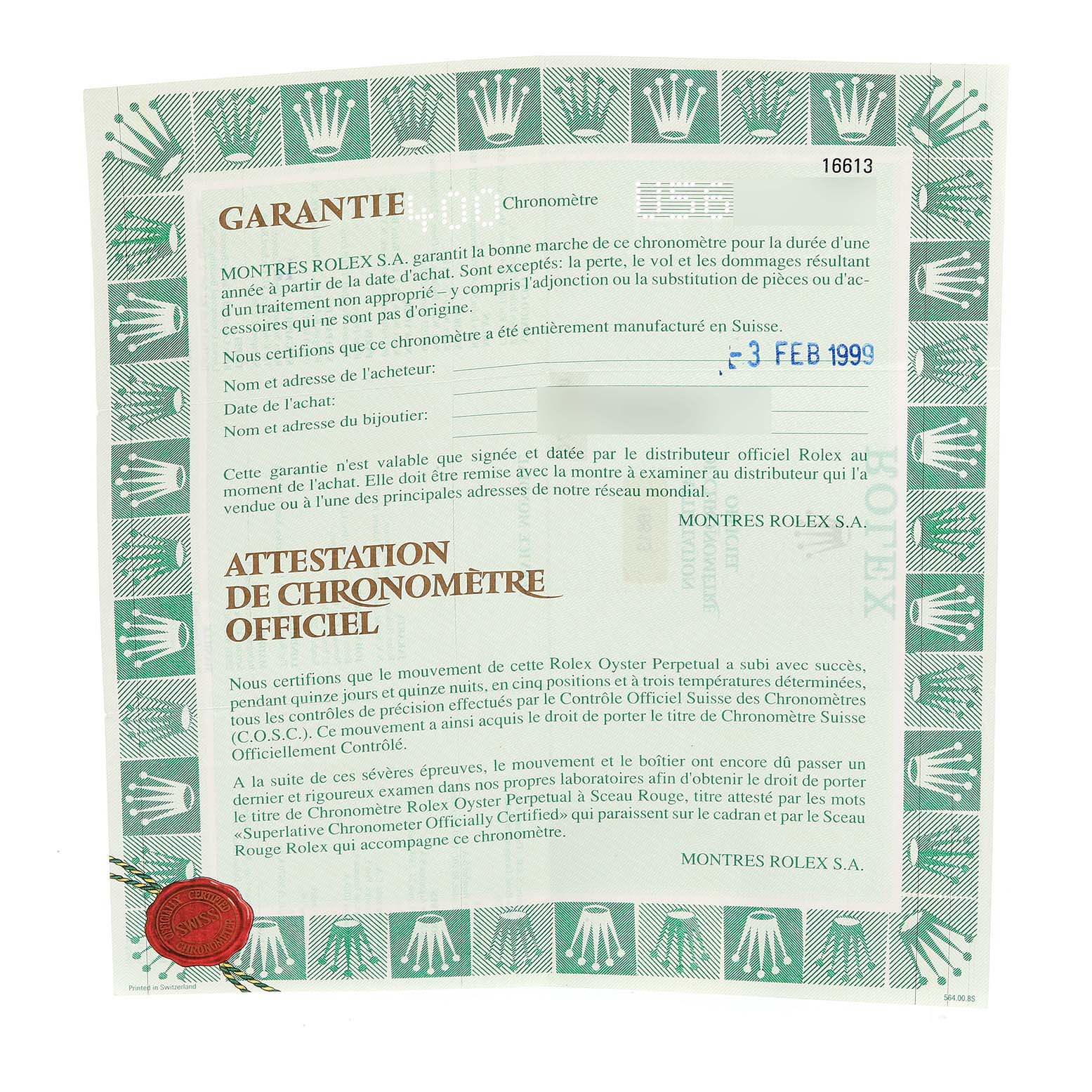 This image shows the warranty certificate for the Rolex Submariner 16613 Men's Steel and Gold (two tone) Grey Dial 16613 Men's Steel and Gold (two tone) Grey Dial model, highlighting the text and official seals.